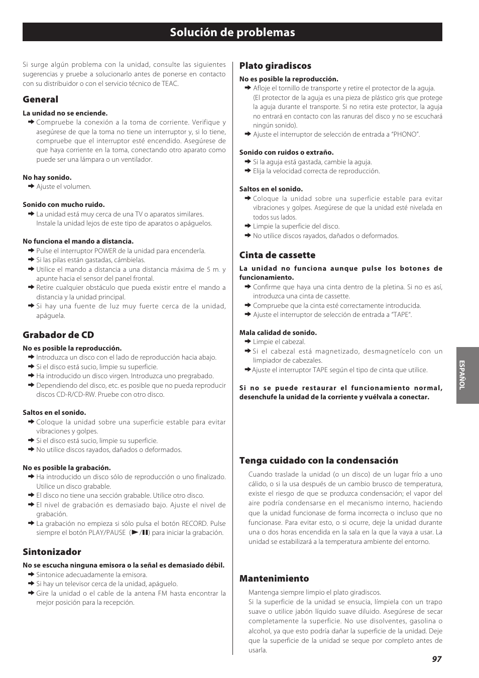 Solución de problemas, General, Grabador de cd | Sintonizador, Plato giradiscos, Cinta de cassette, Tenga cuidado con la condensación, Mantenimiento | Teac CD recorder with turntable/cassette player LP-R550USB User Manual | Page 97 / 100