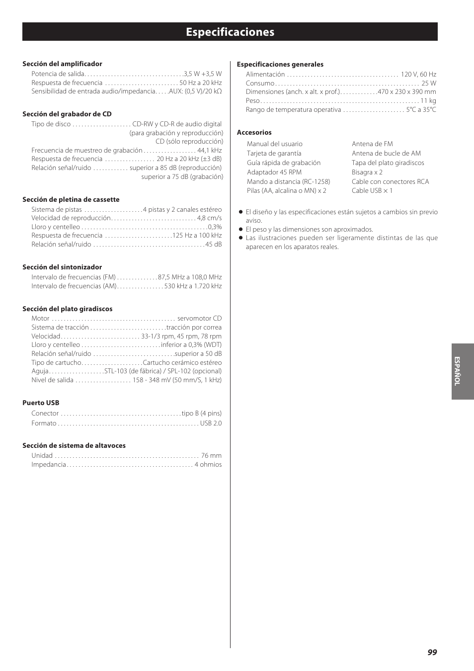 Especificaciones | Teac CD recorder with turntable/cassette player LP-R550USB User Manual | Page 99 / 100