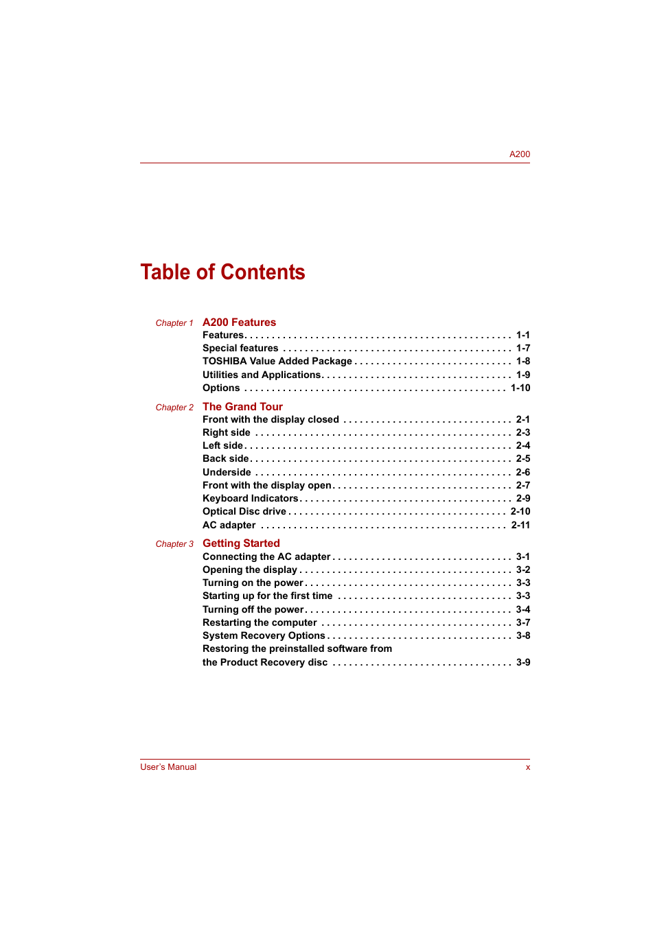 Toshiba A200 User Manual | Page 10 / 154