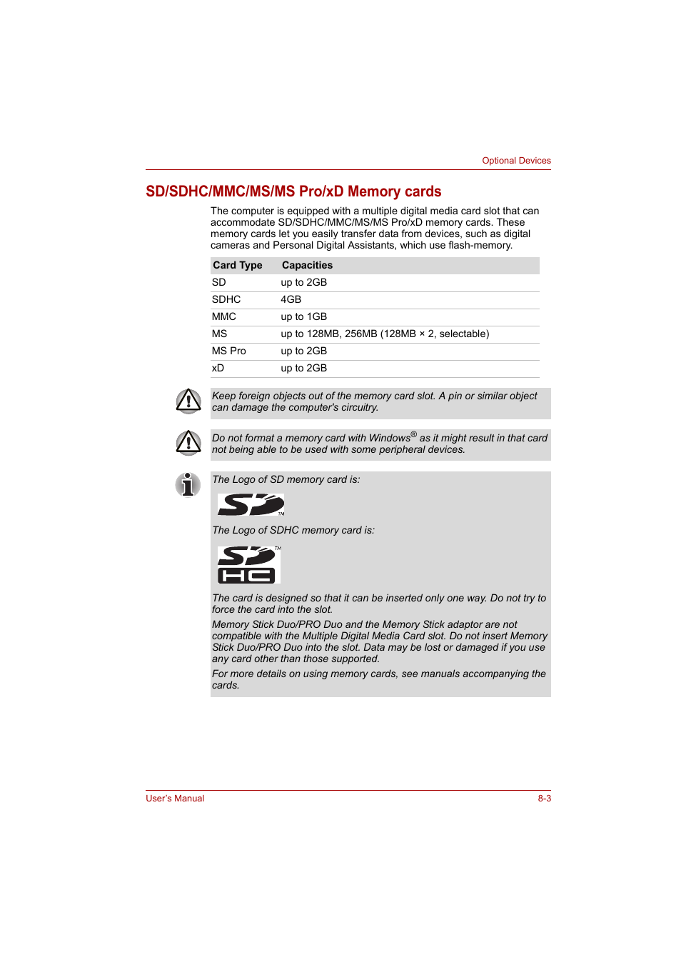 Sd/sdhc/mmc/ms/ms pro/xd memory cards, Sd/sdhc/mmc/ms/ms pro/xd memory cards -3 | Toshiba A200 User Manual | Page 101 / 154