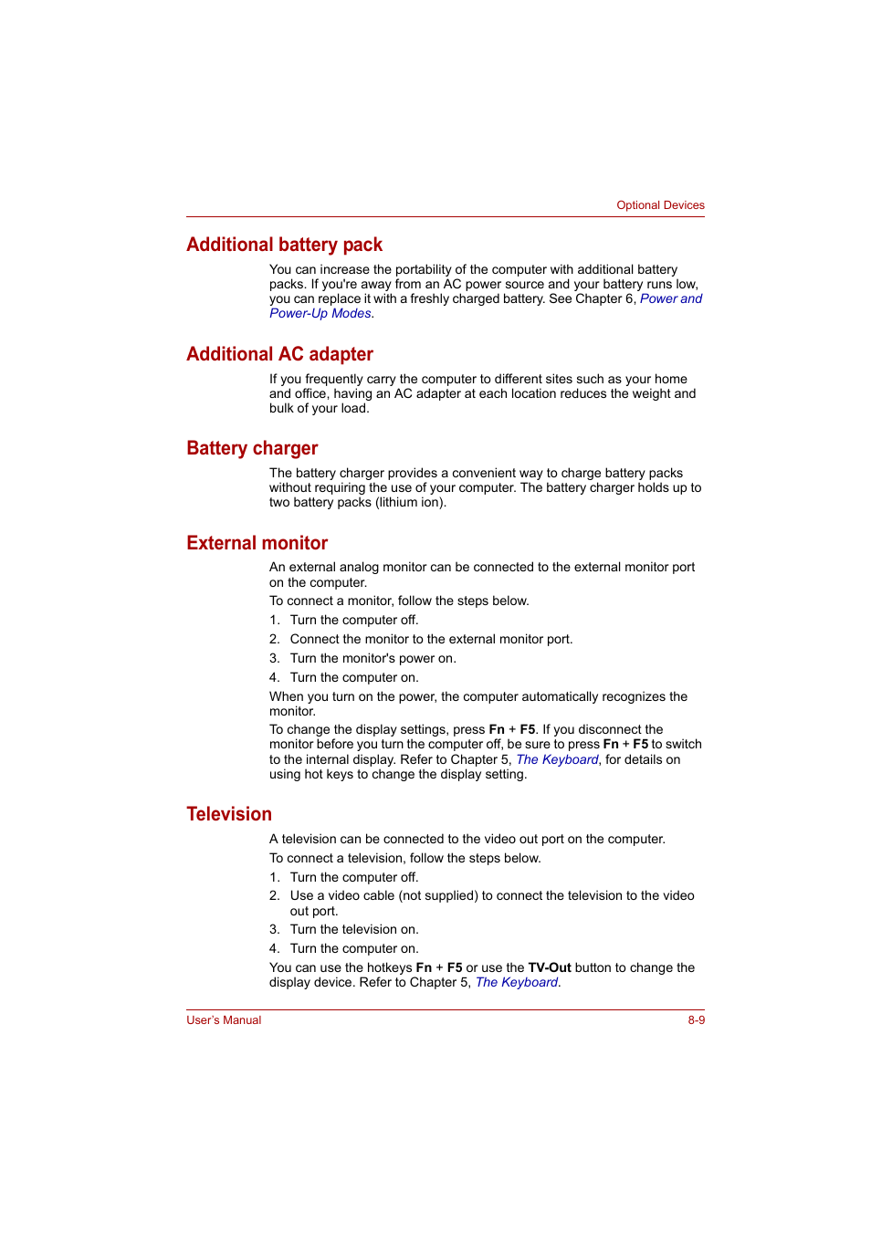Additional battery pack, Additional ac adapter, Battery charger | External monitor, Television | Toshiba A200 User Manual | Page 107 / 154