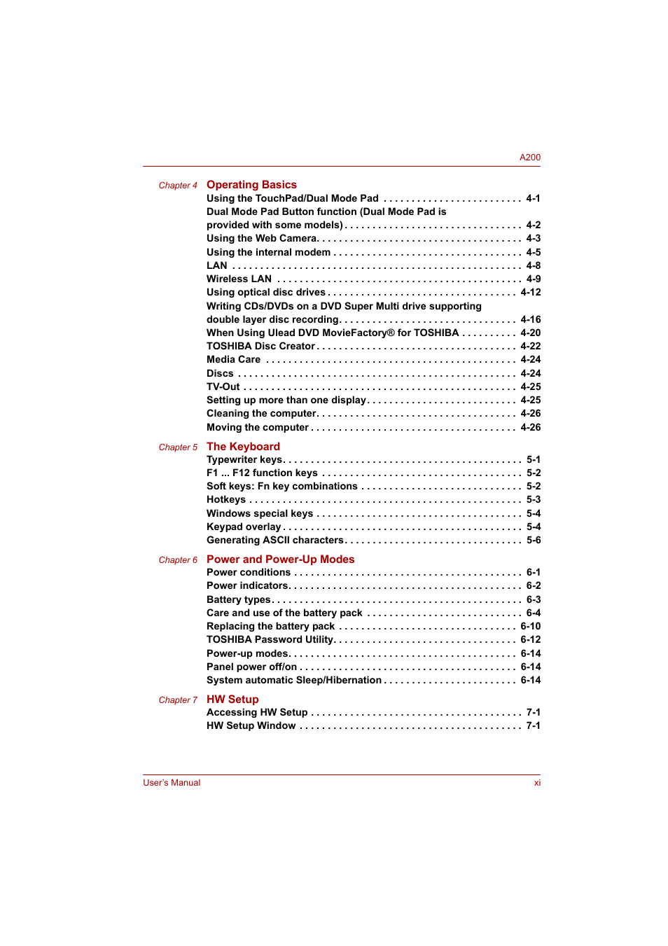 Toshiba A200 User Manual | Page 11 / 154