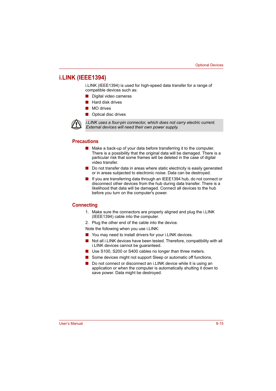 I.link (ieee1394), I.link (ieee1394) -15 | Toshiba A200 User Manual | Page 113 / 154