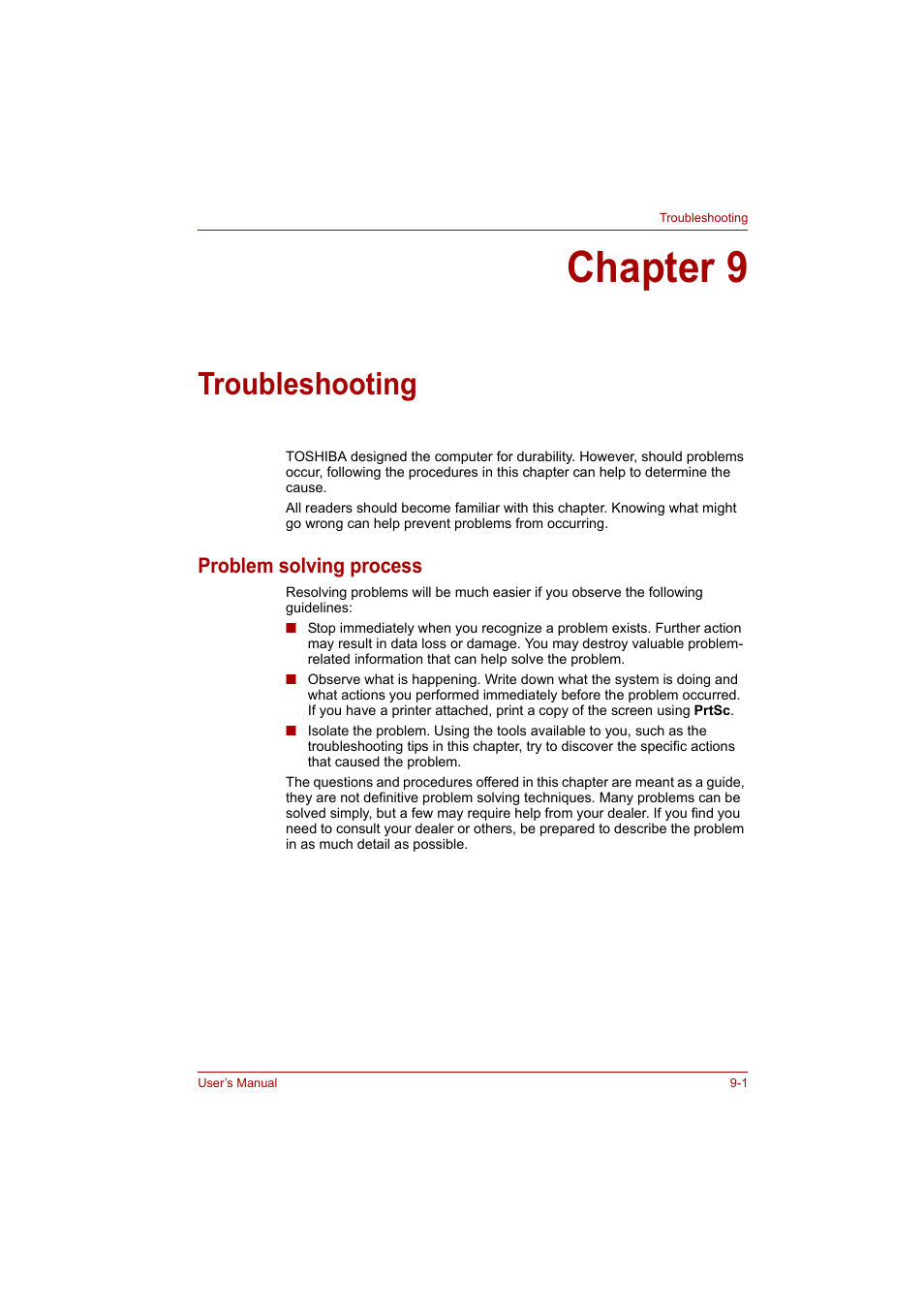 Chapter 9: troubleshooting, Problem solving process, Chapter 9 | Troubleshooting, Problem solving process -1 | Toshiba A200 User Manual | Page 115 / 154