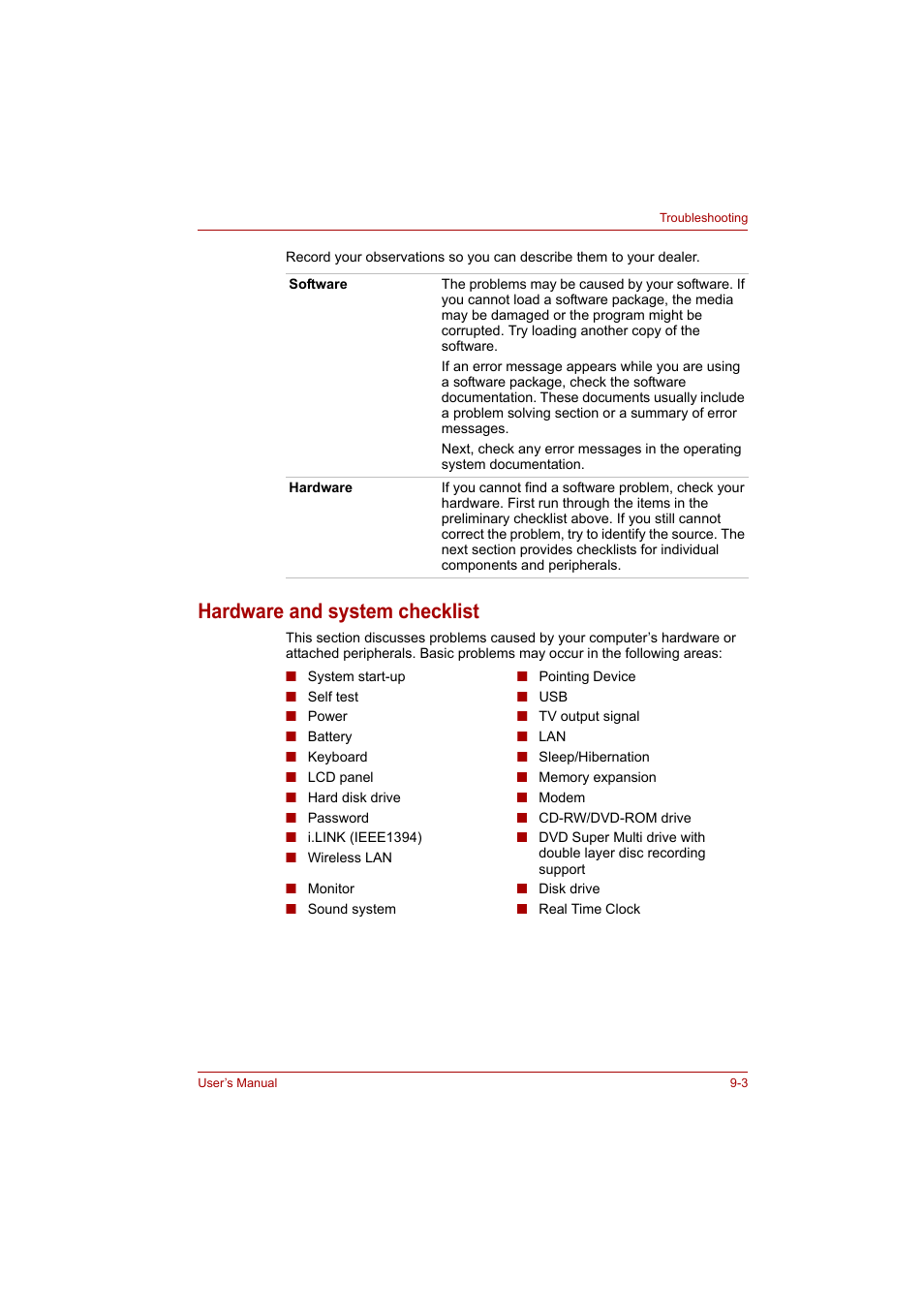 Hardware and system checklist, Hardware and system checklist -3 | Toshiba A200 User Manual | Page 117 / 154