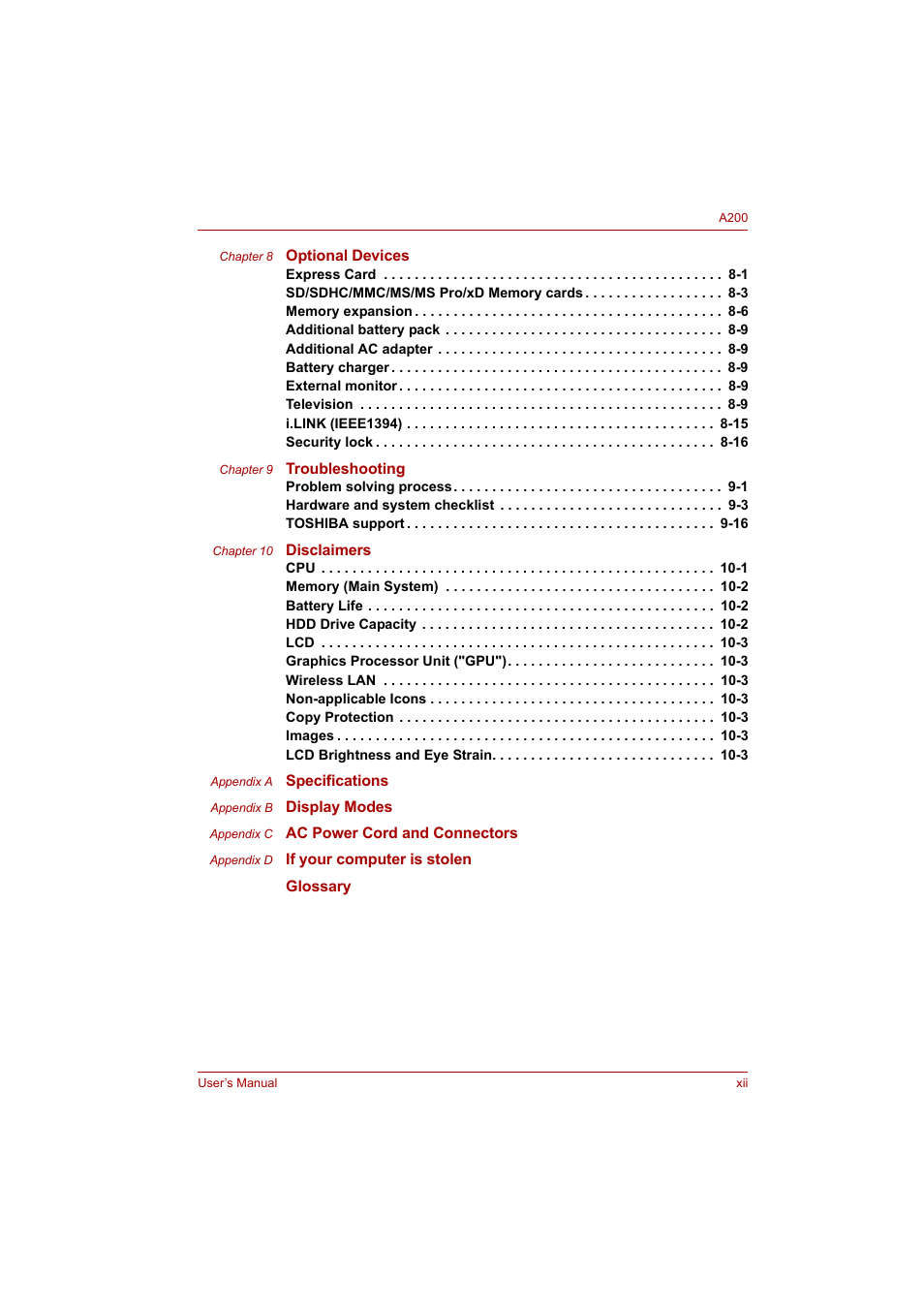 Toshiba A200 User Manual | Page 12 / 154
