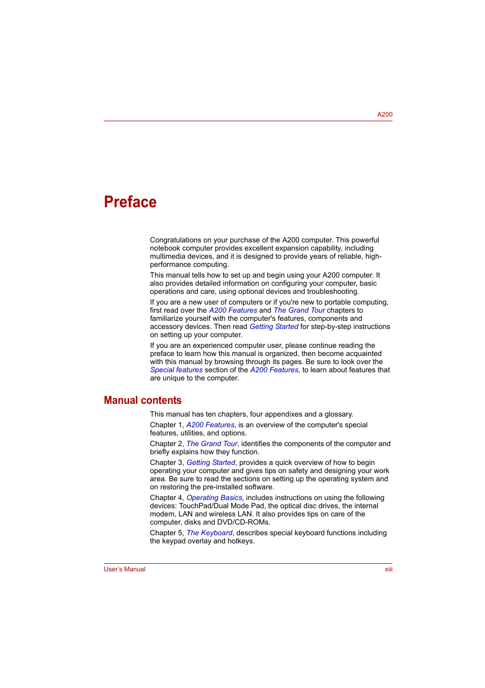 Preface, Manual contents | Toshiba A200 User Manual | Page 13 / 154