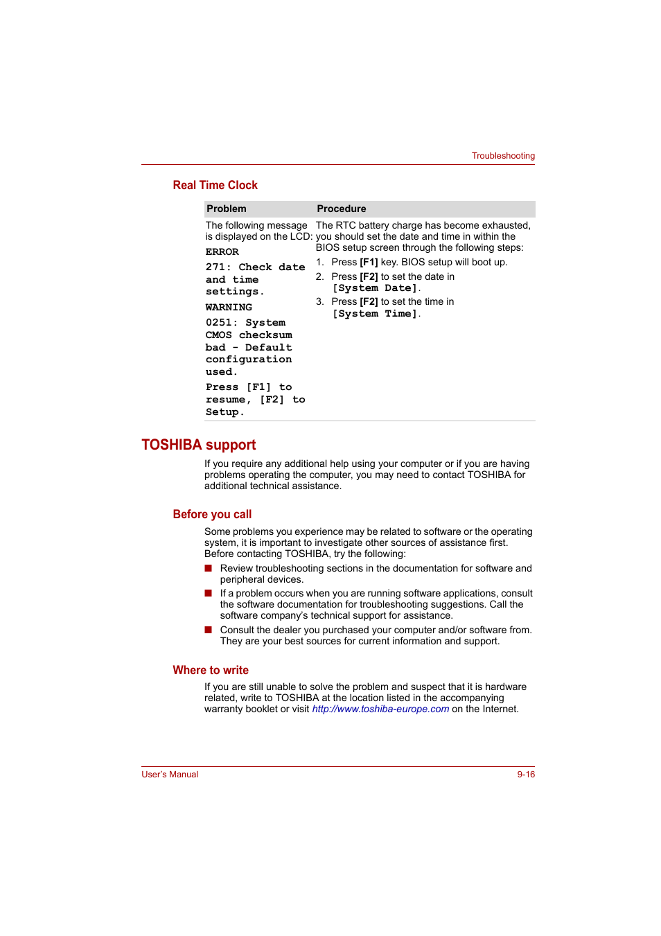 Toshiba support, Toshiba support -16 | Toshiba A200 User Manual | Page 130 / 154