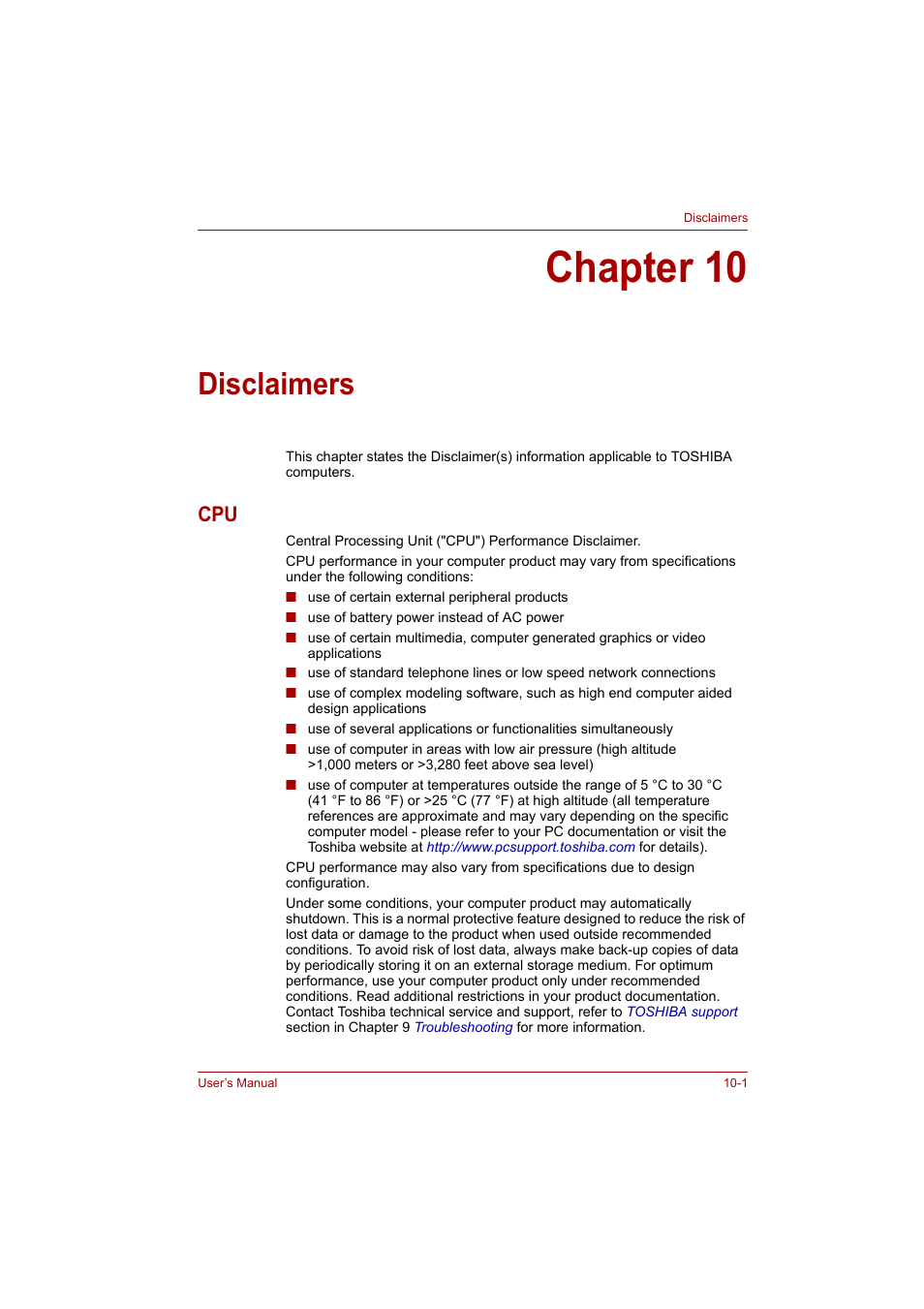 Chapter 10: disclaimers, Chapter 10, Disclaimers | Cpu -1, U"), please refer to the, To the | Toshiba A200 User Manual | Page 131 / 154