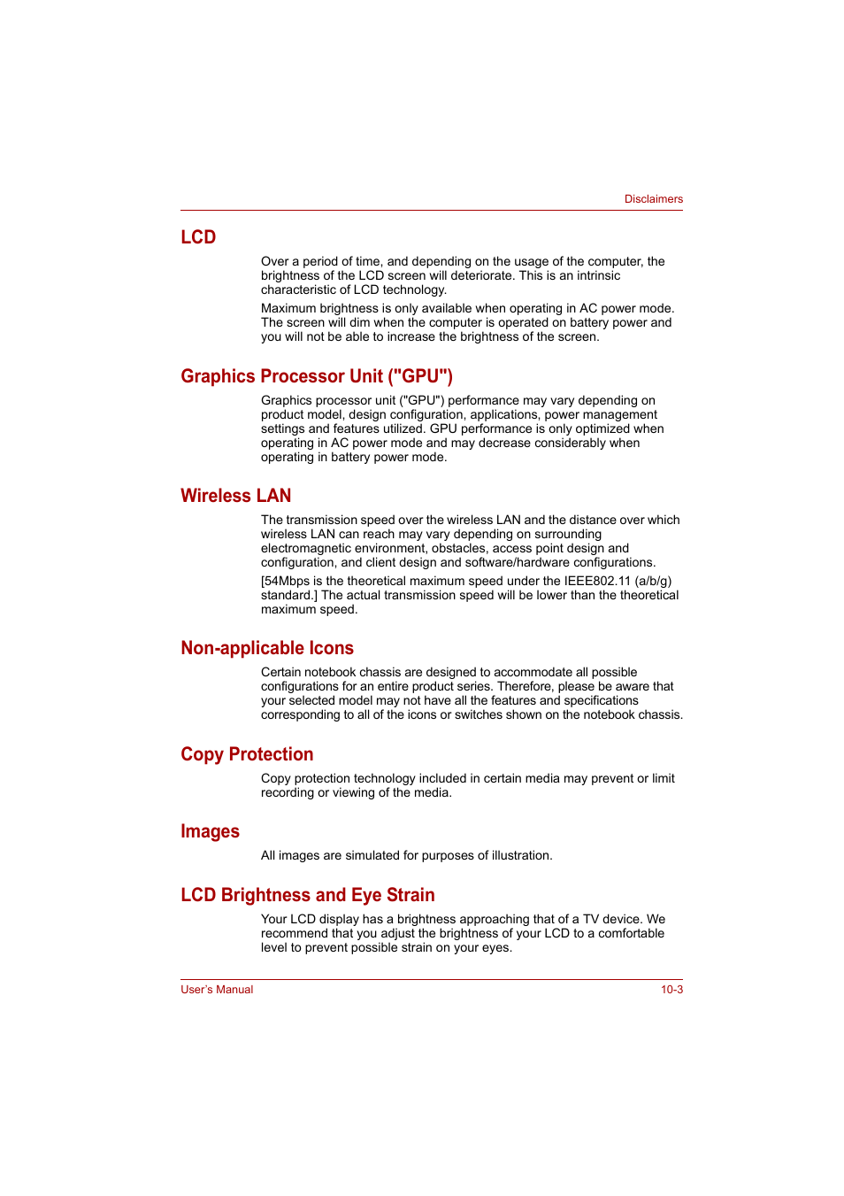 Graphics processor unit ("gpu"), Wireless lan, Non-applicable icons | Copy protection, Images, Lcd brightness and eye strain | Toshiba A200 User Manual | Page 133 / 154