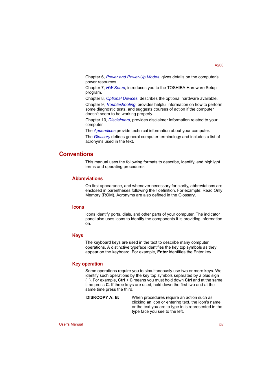 Conventions | Toshiba A200 User Manual | Page 14 / 154