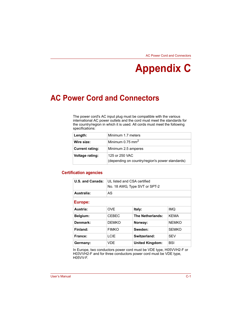 Appendix c: ac power cord and connectors, Appendix c, Ac power cord and connectors | Toshiba A200 User Manual | Page 143 / 154