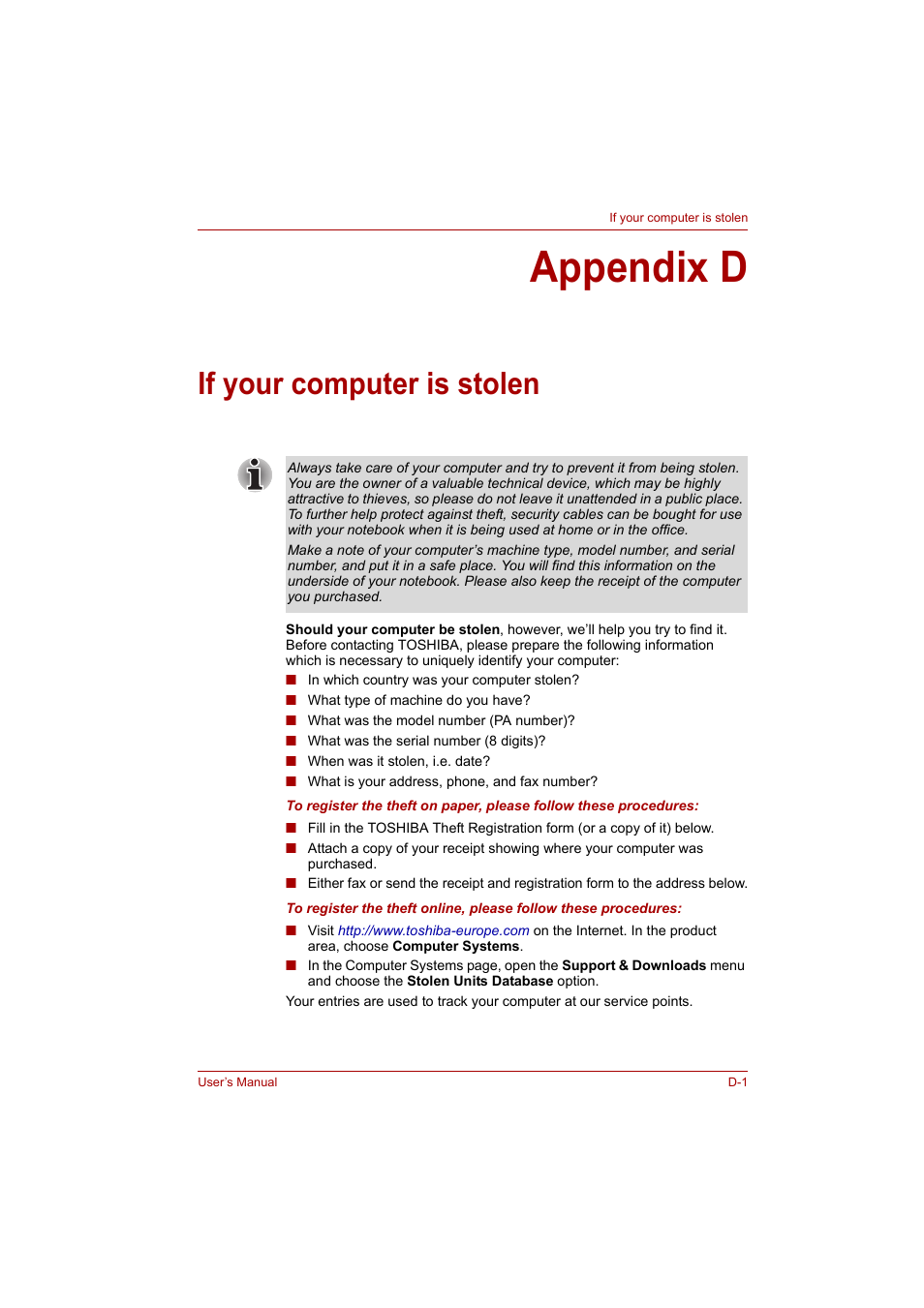 Appendix d: if your computer is stolen, Appendix d, If your computer is stolen | Toshiba A200 User Manual | Page 145 / 154