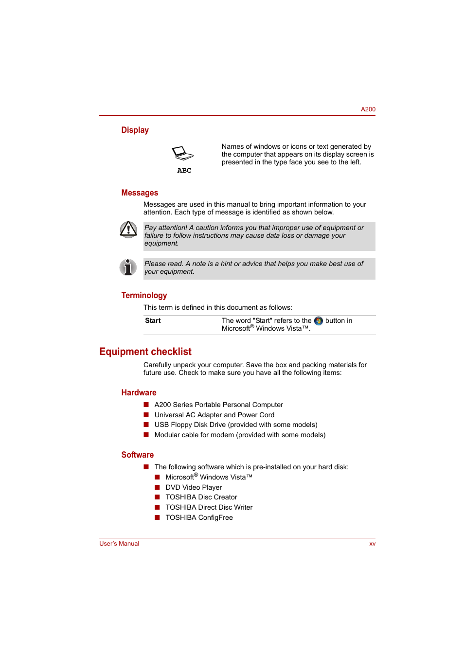 Equipment checklist | Toshiba A200 User Manual | Page 15 / 154