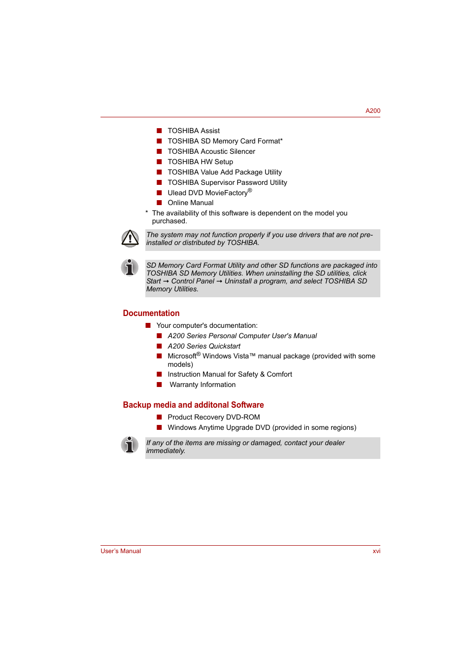 Toshiba A200 User Manual | Page 16 / 154