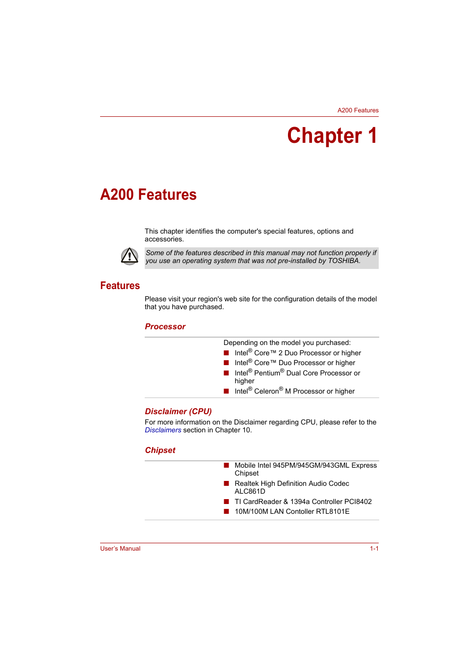 Chapter 1: a200 features, Features, Chapter 1 | A200 features, Features -1, To learn | Toshiba A200 User Manual | Page 17 / 154
