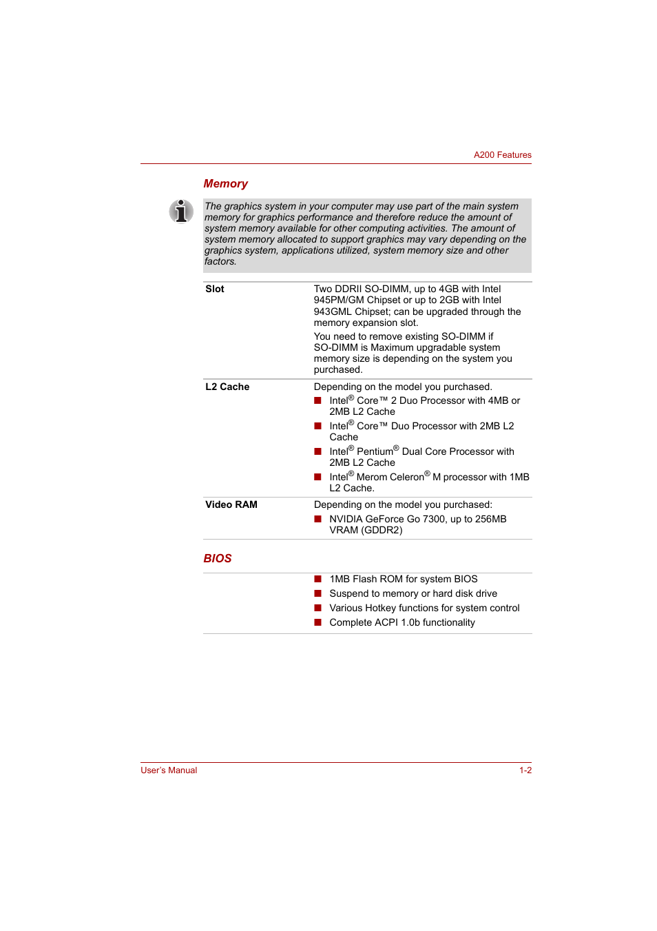 Toshiba A200 User Manual | Page 18 / 154