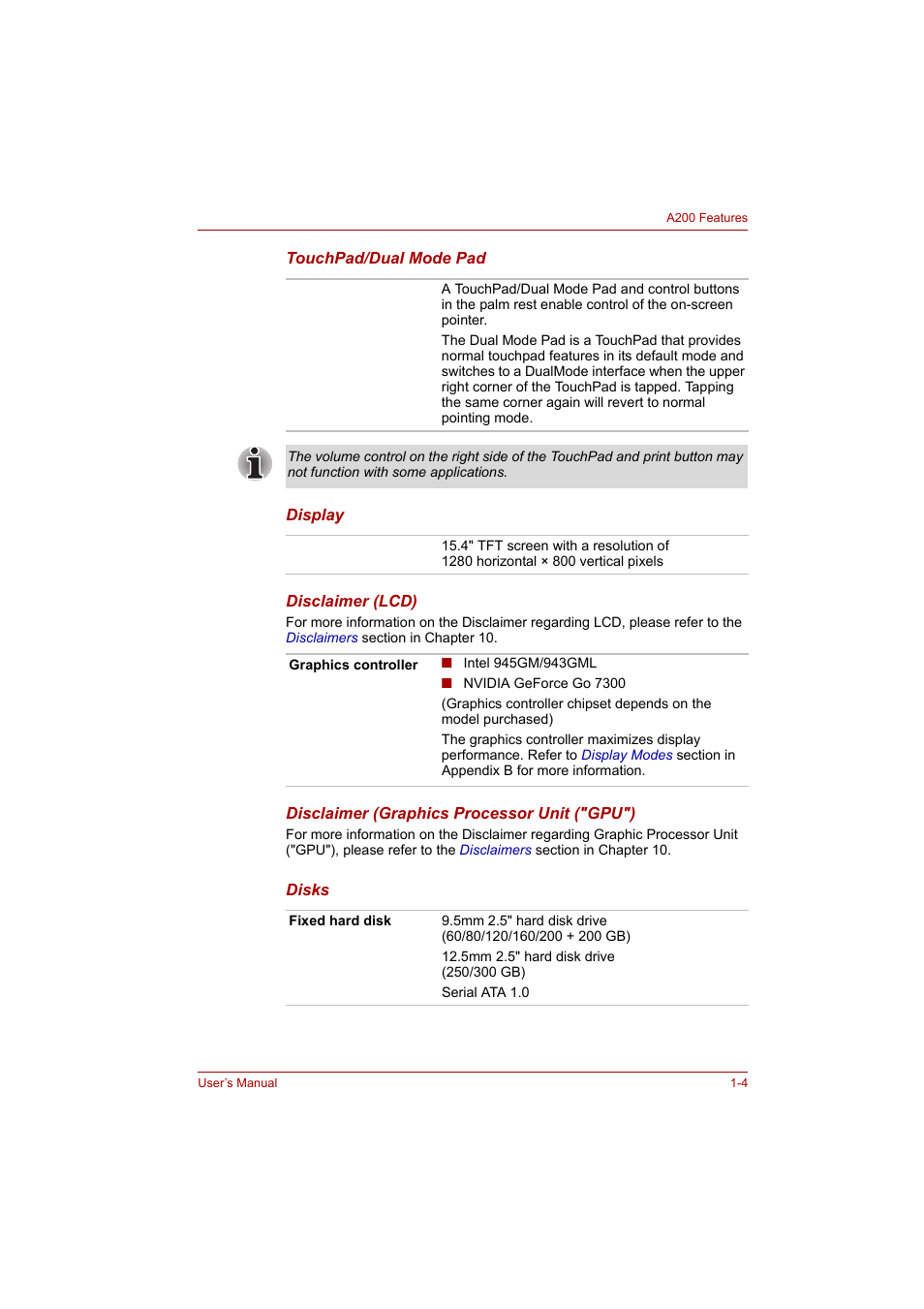 Toshiba A200 User Manual | Page 20 / 154