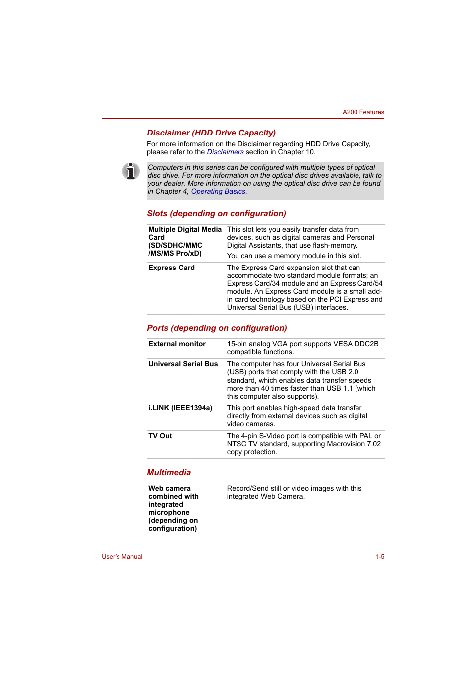 Toshiba A200 User Manual | Page 21 / 154