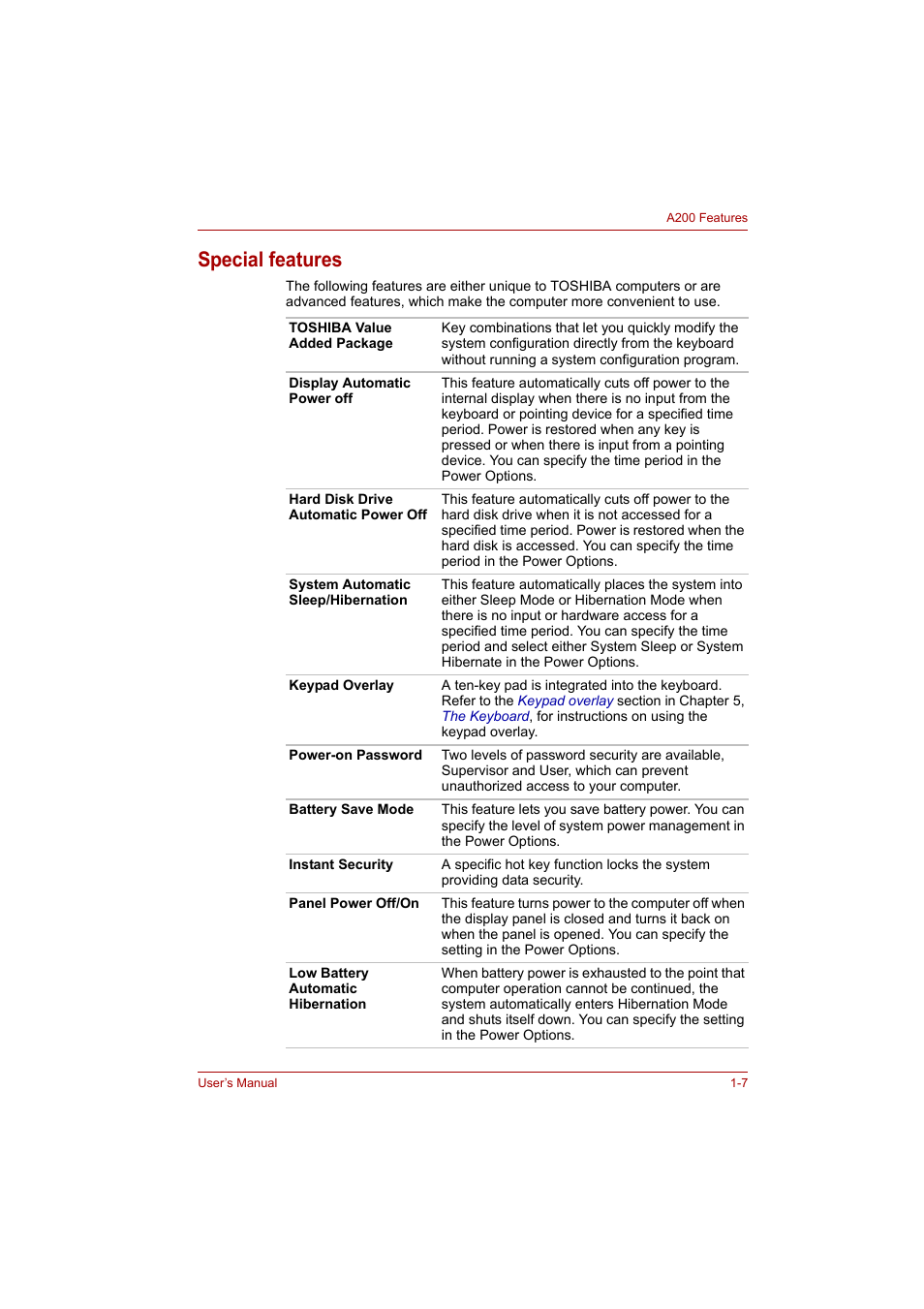 Special features, Special features -7, Secti | Toshiba A200 User Manual | Page 23 / 154