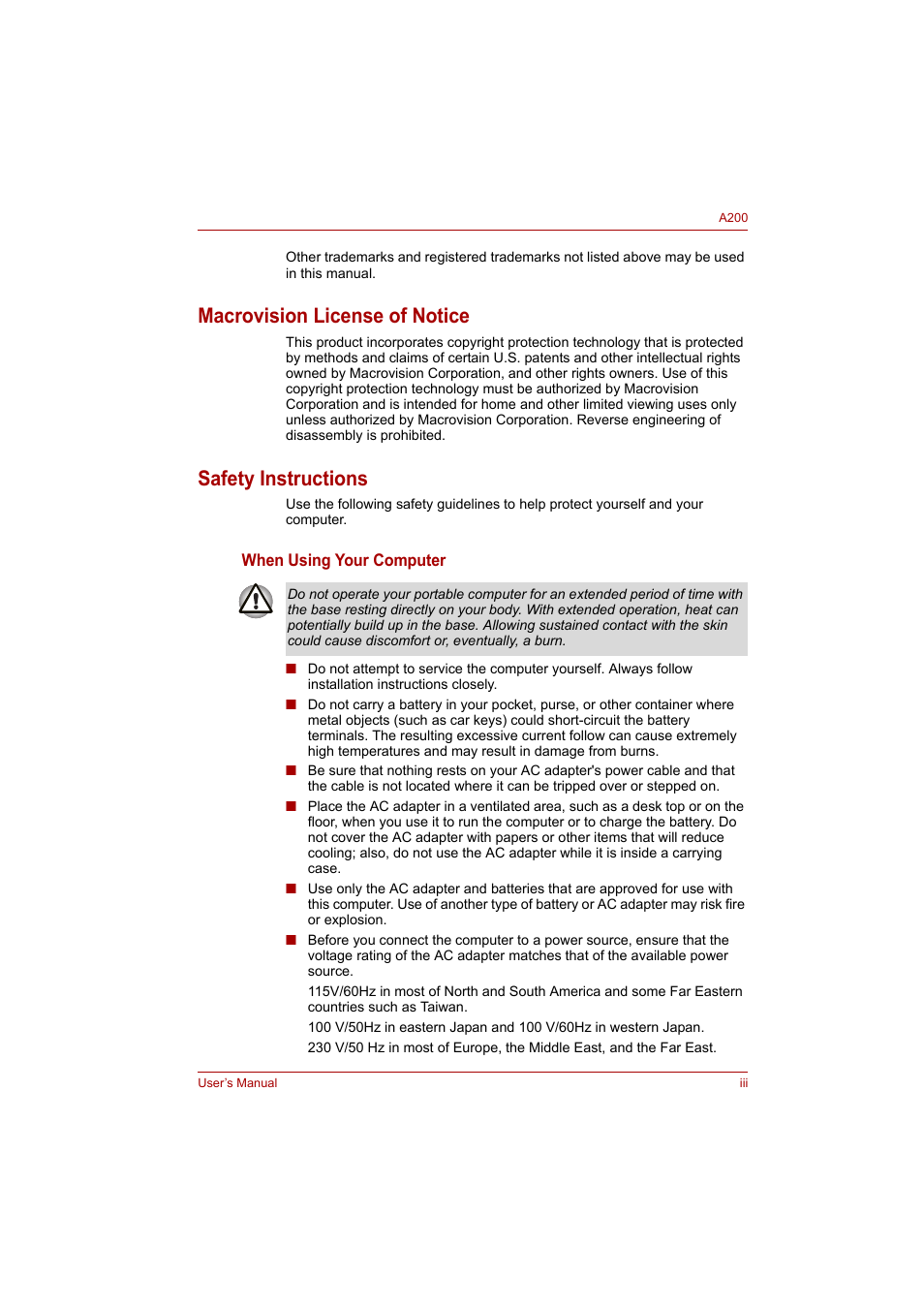 Macrovision license of notice, Safety instructions | Toshiba A200 User Manual | Page 3 / 154