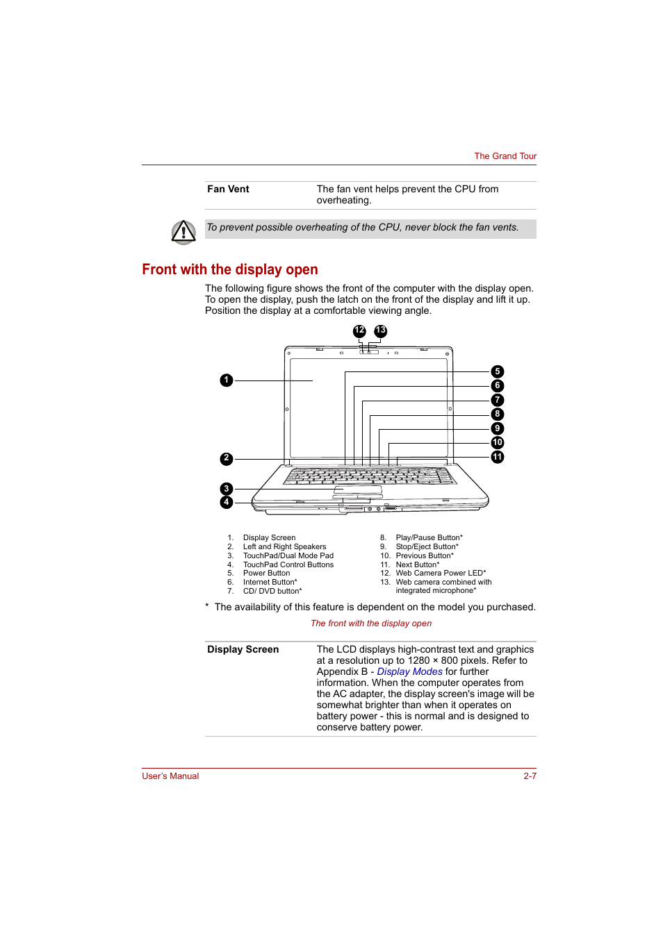 Front with the display open, Front with the display open -7 | Toshiba A200 User Manual | Page 34 / 154