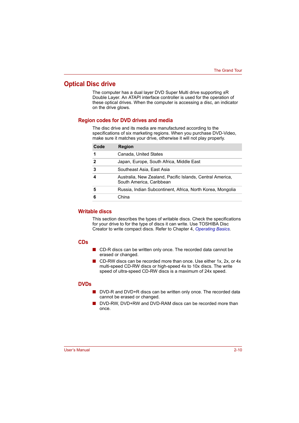 Optical disc drive, Optical disc drive -10 | Toshiba A200 User Manual | Page 37 / 154