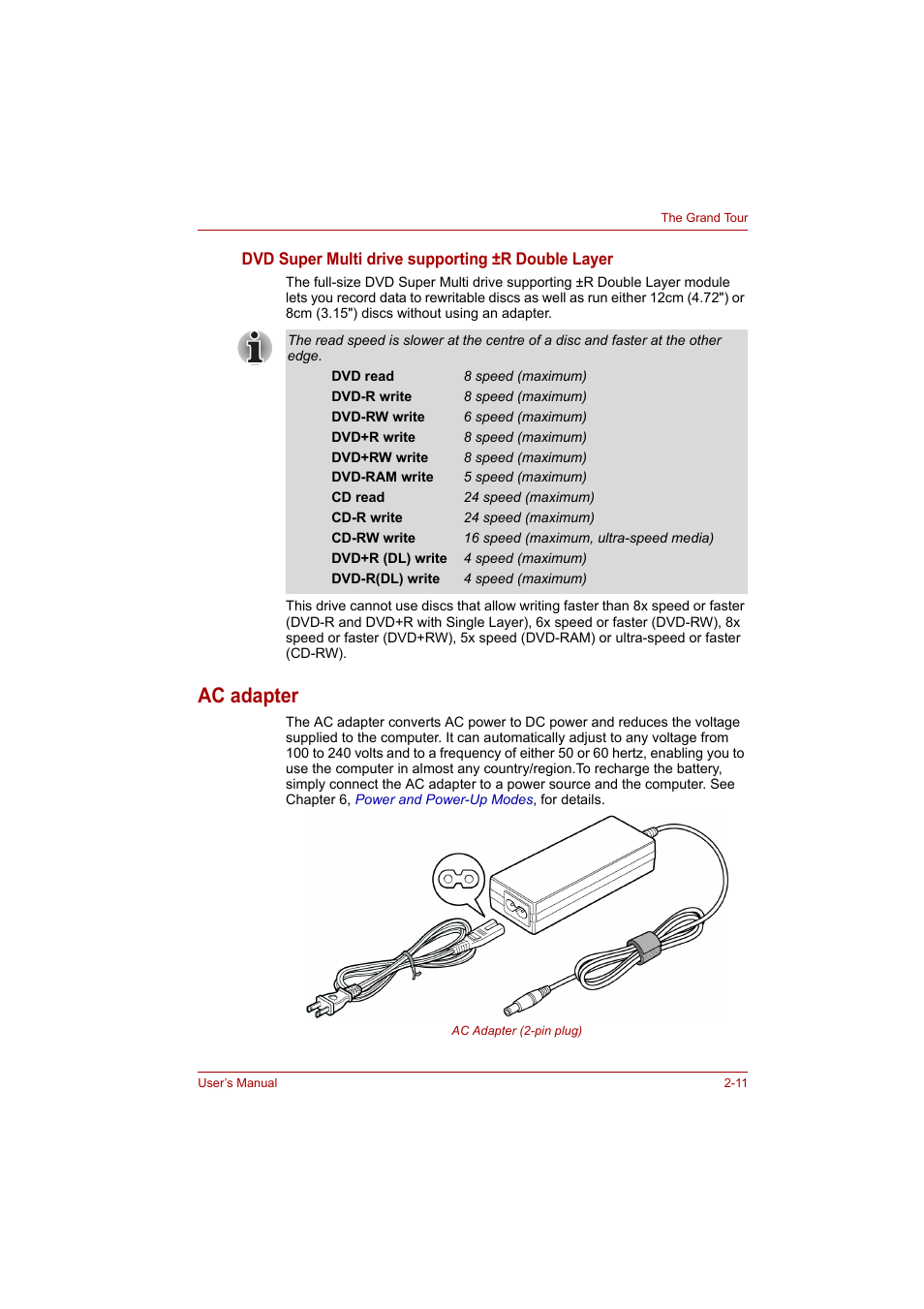 Ac adapter, Ac adapter -11 | Toshiba A200 User Manual | Page 38 / 154