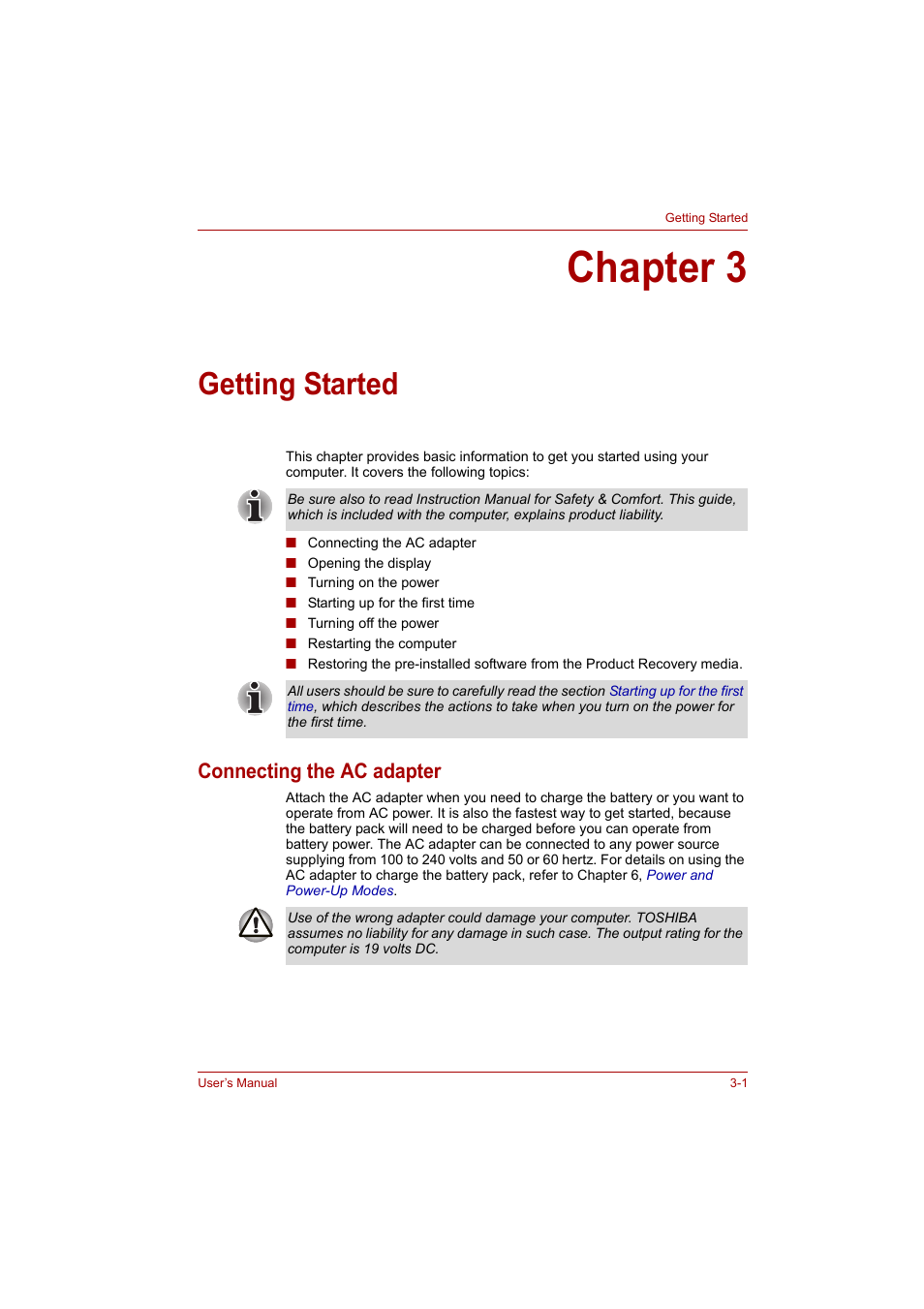 Chapter 3: getting started, Connecting the ac adapter, Chapter 3 | Getting started, Connecting the ac adapter -1, Provi, Getting, Started | Toshiba A200 User Manual | Page 40 / 154