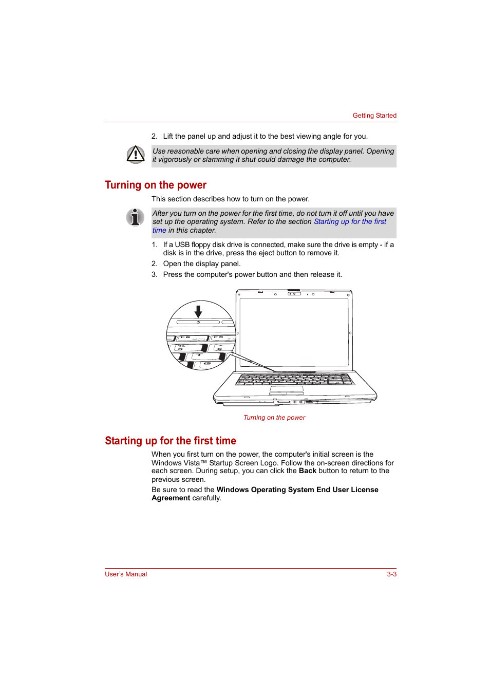 Turning on the power, Starting up for the first time, Starting up for the first | Time | Toshiba A200 User Manual | Page 42 / 154