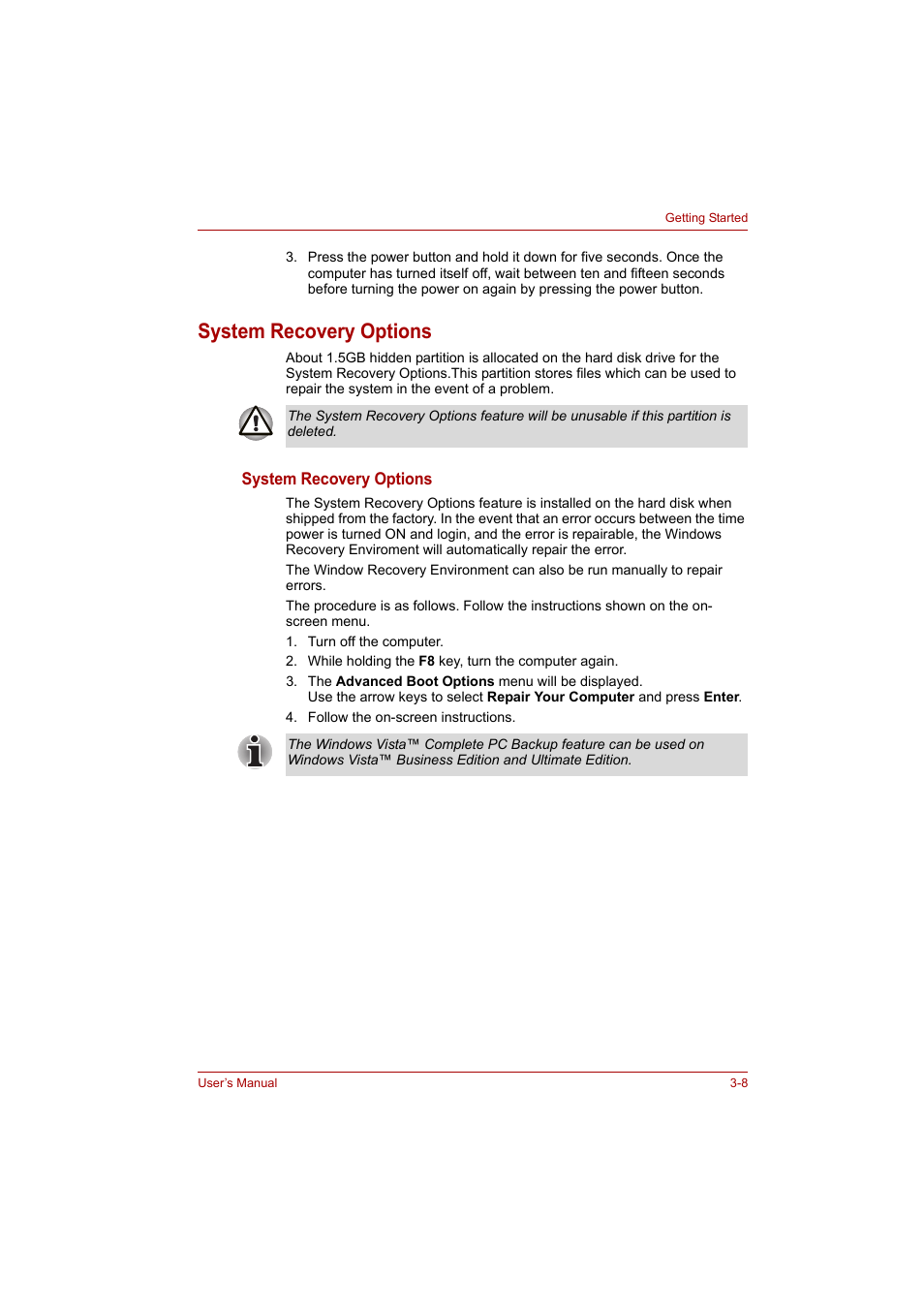 System recovery options, System recovery options -8 | Toshiba A200 User Manual | Page 47 / 154