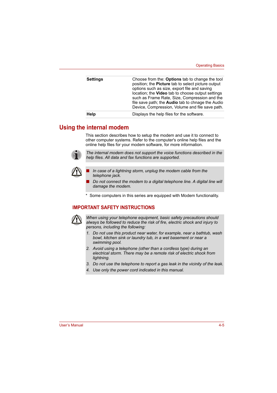 Using the internal modem, Using the internal modem -5 | Toshiba A200 User Manual | Page 53 / 154