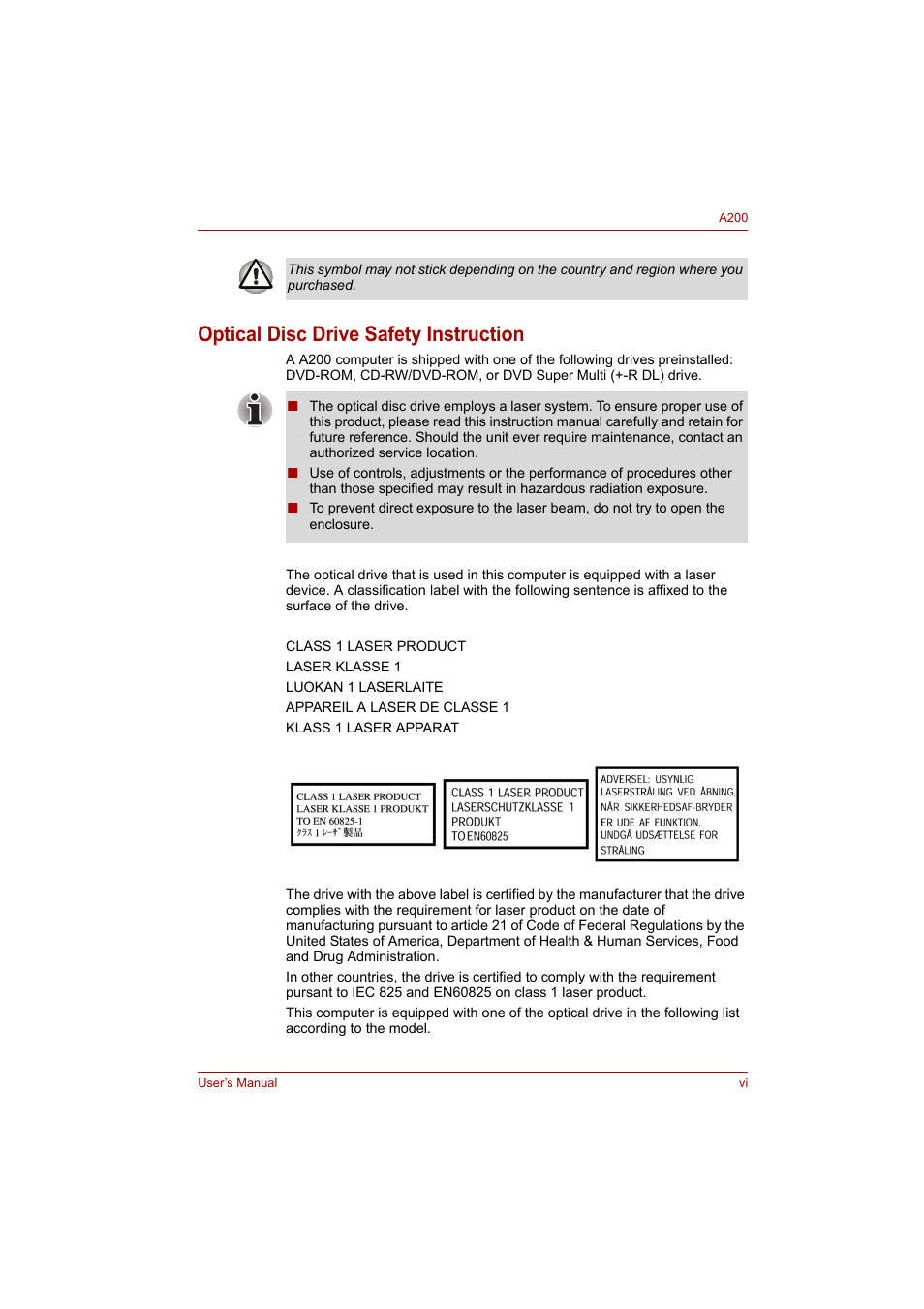 Optical disc drive safety instruction | Toshiba A200 User Manual | Page 6 / 154