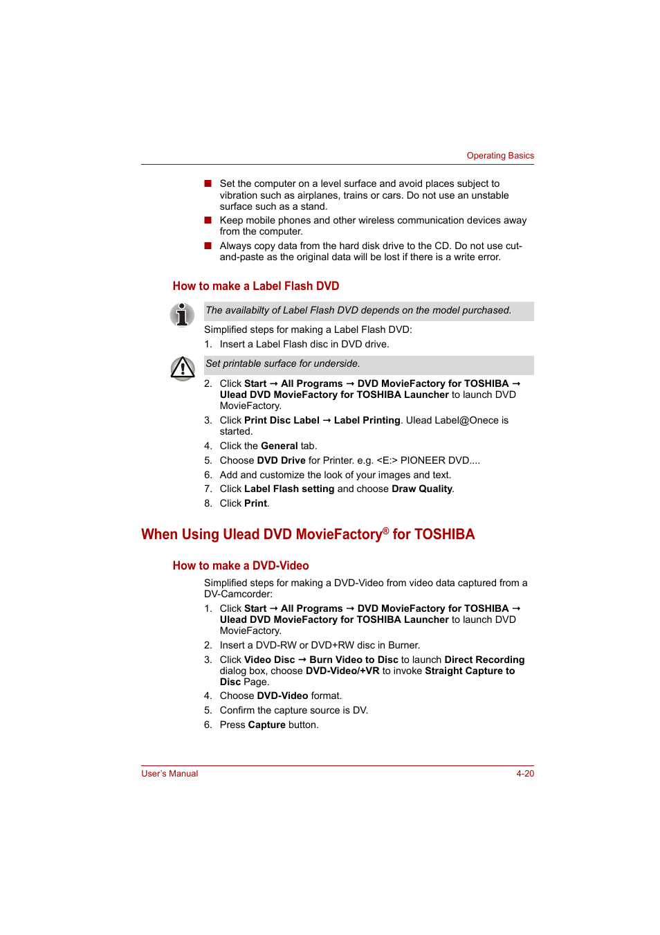 When using ulead dvd moviefactory® for toshiba, When using ulead dvd moviefactory® for toshiba -20, When using ulead dvd moviefactory | For toshiba | Toshiba A200 User Manual | Page 68 / 154