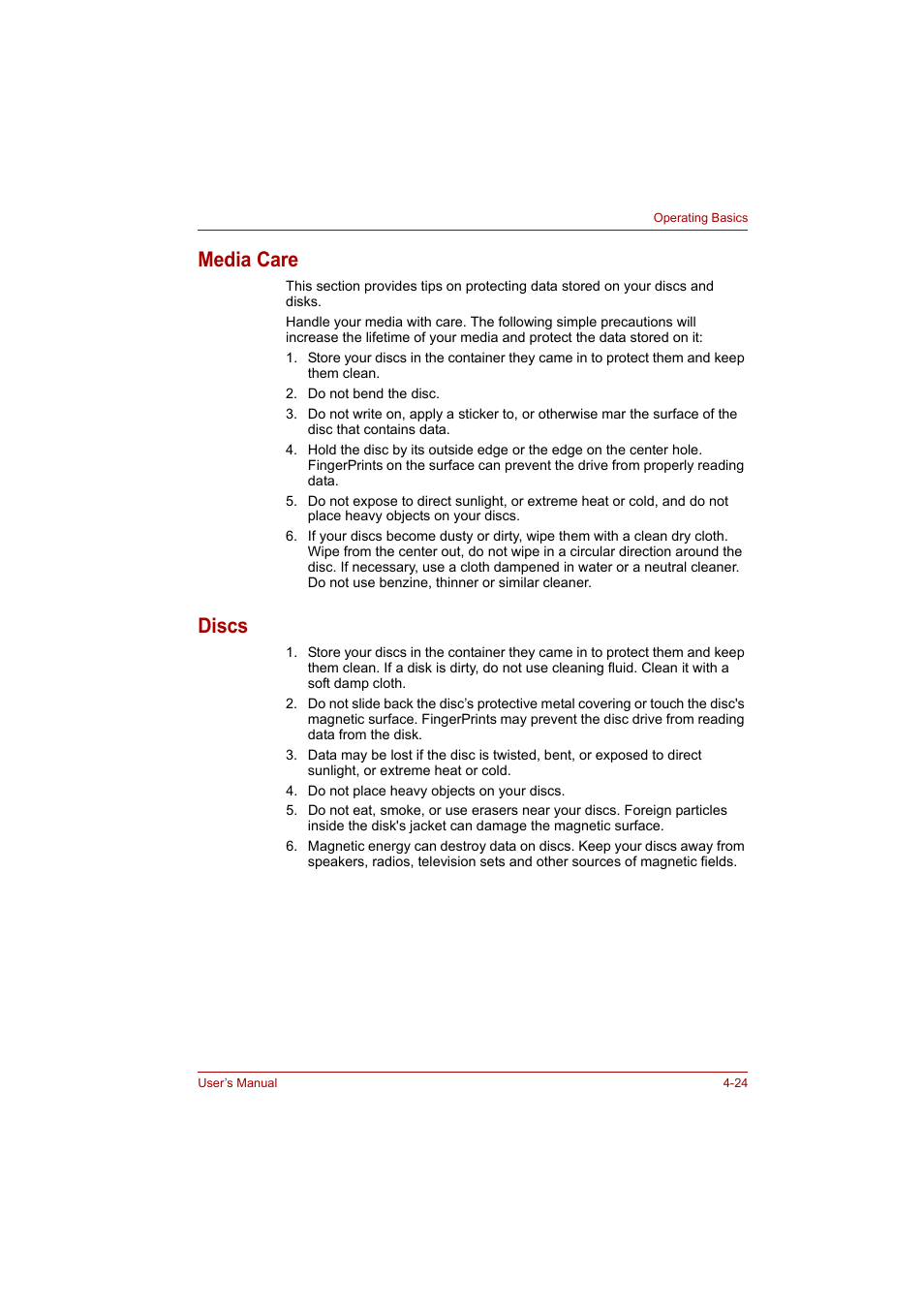 Media care, Discs, Media care -24 discs -24 | Toshiba A200 User Manual | Page 72 / 154