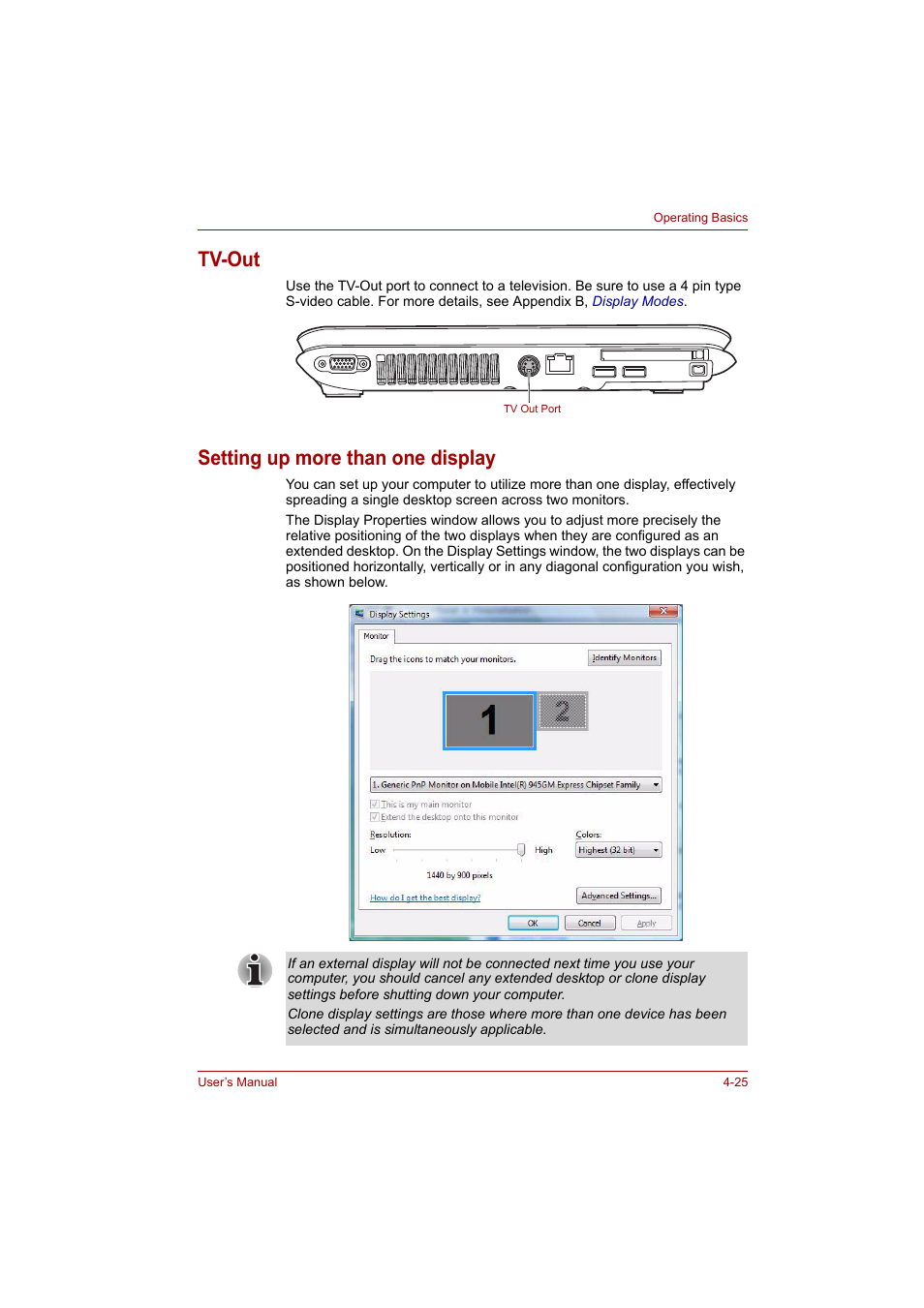 Tv-out, Setting up more than one display, Tv-out -25 setting up more than one display -25 | Toshiba A200 User Manual | Page 73 / 154