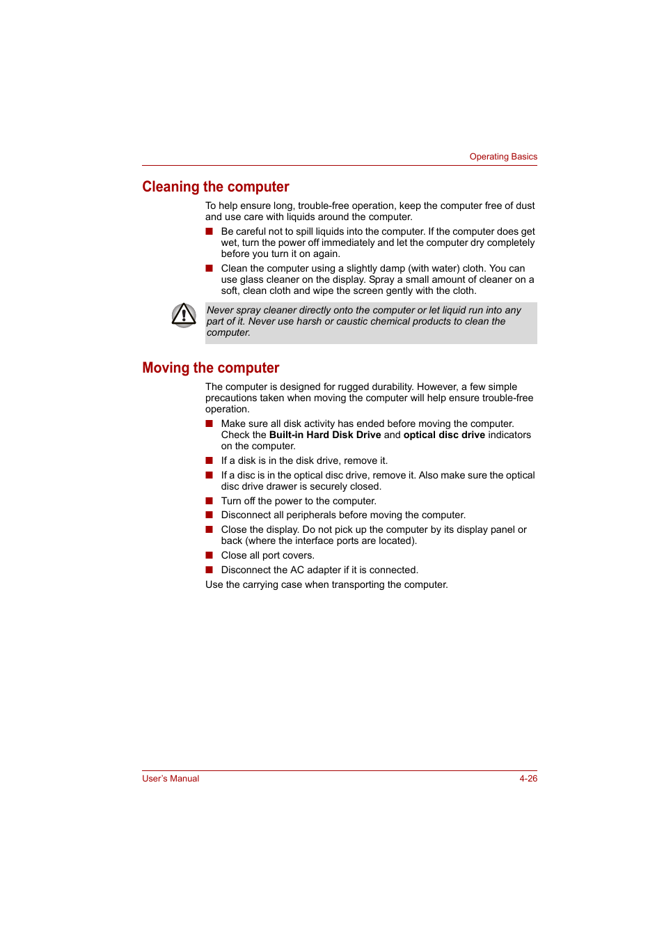 Cleaning the computer, Moving the computer, Cleaning the computer -26 moving the computer -26 | Toshiba A200 User Manual | Page 74 / 154