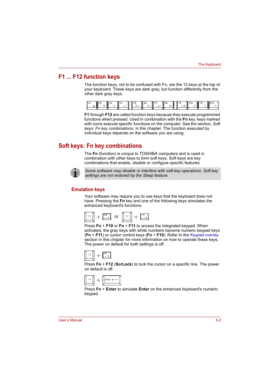 F1 ... f12 function keys, Soft keys: fn key combinations | Toshiba A200 User Manual | Page 76 / 154