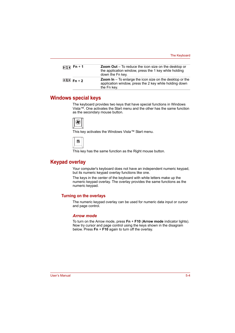 Windows special keys, Keypad overlay, Windows special keys -4 keypad overlay -4 | As cursor keys. refer to the | Toshiba A200 User Manual | Page 78 / 154