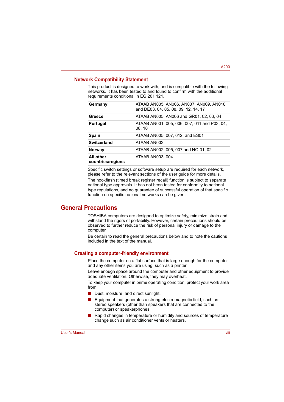 General precautions | Toshiba A200 User Manual | Page 8 / 154