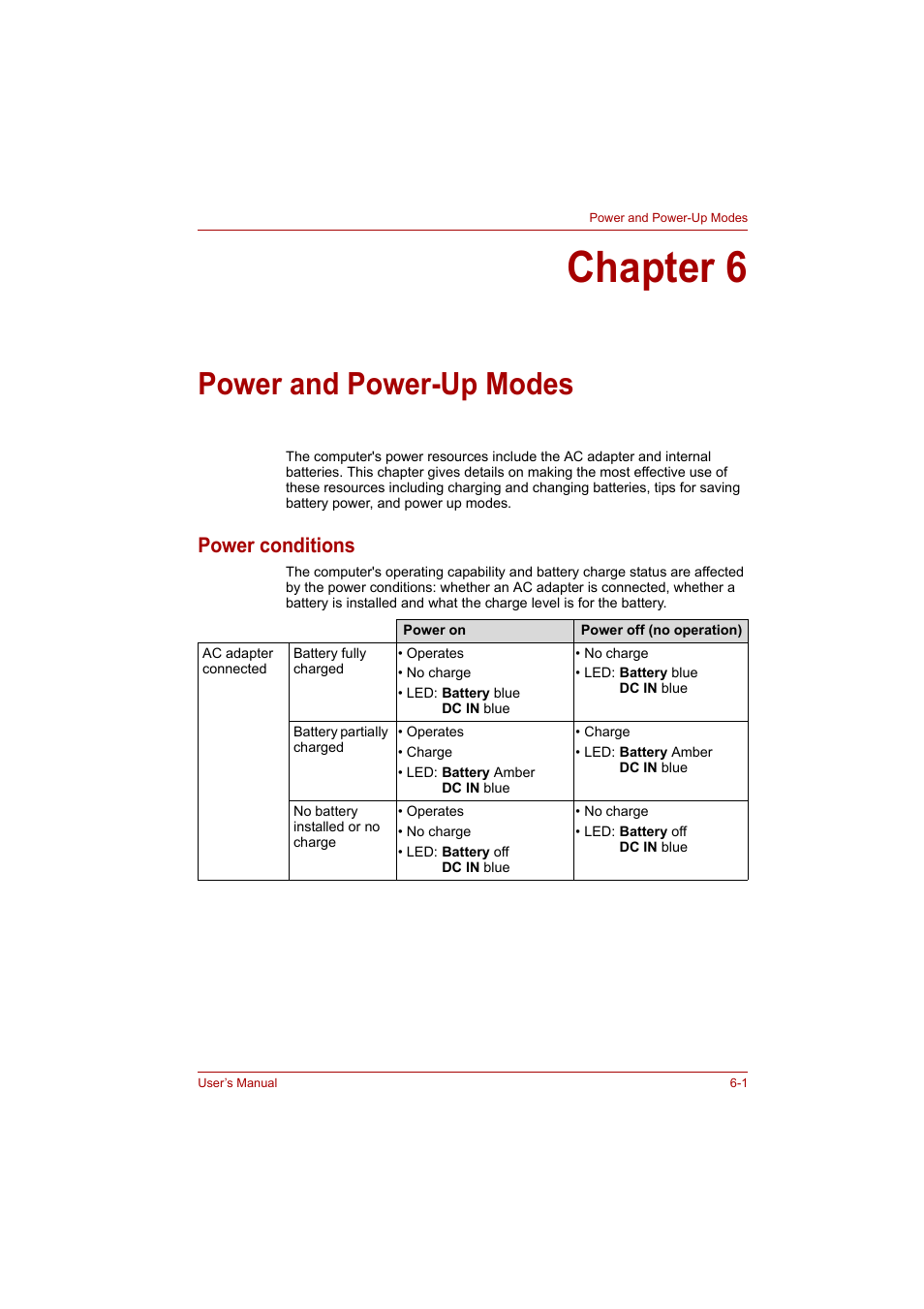 Chapter 6: power and power-up modes, Power conditions, Chapter 6 | Power and power-up modes, Power conditions -1, Power and, Power-up modes | Toshiba A200 User Manual | Page 81 / 154