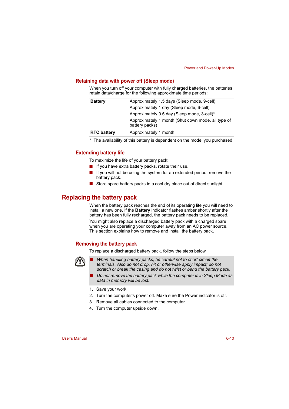 Replacing the battery pack, Replacing the battery pack -10 | Toshiba A200 User Manual | Page 90 / 154