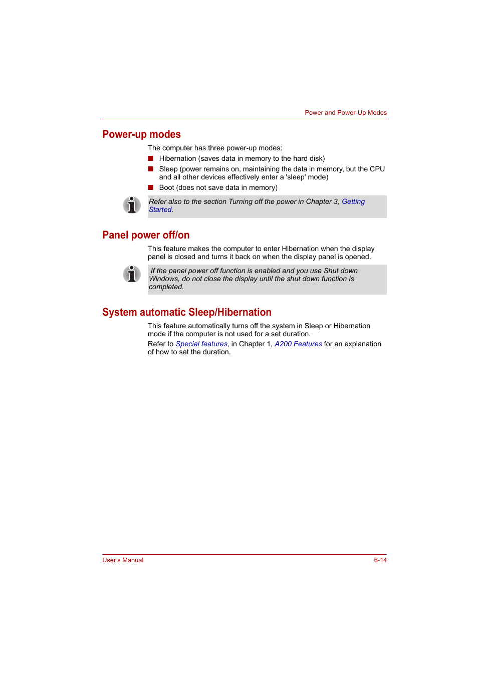 Power-up modes, Panel power off/on, System automatic sleep/hibernation | Toshiba A200 User Manual | Page 94 / 154