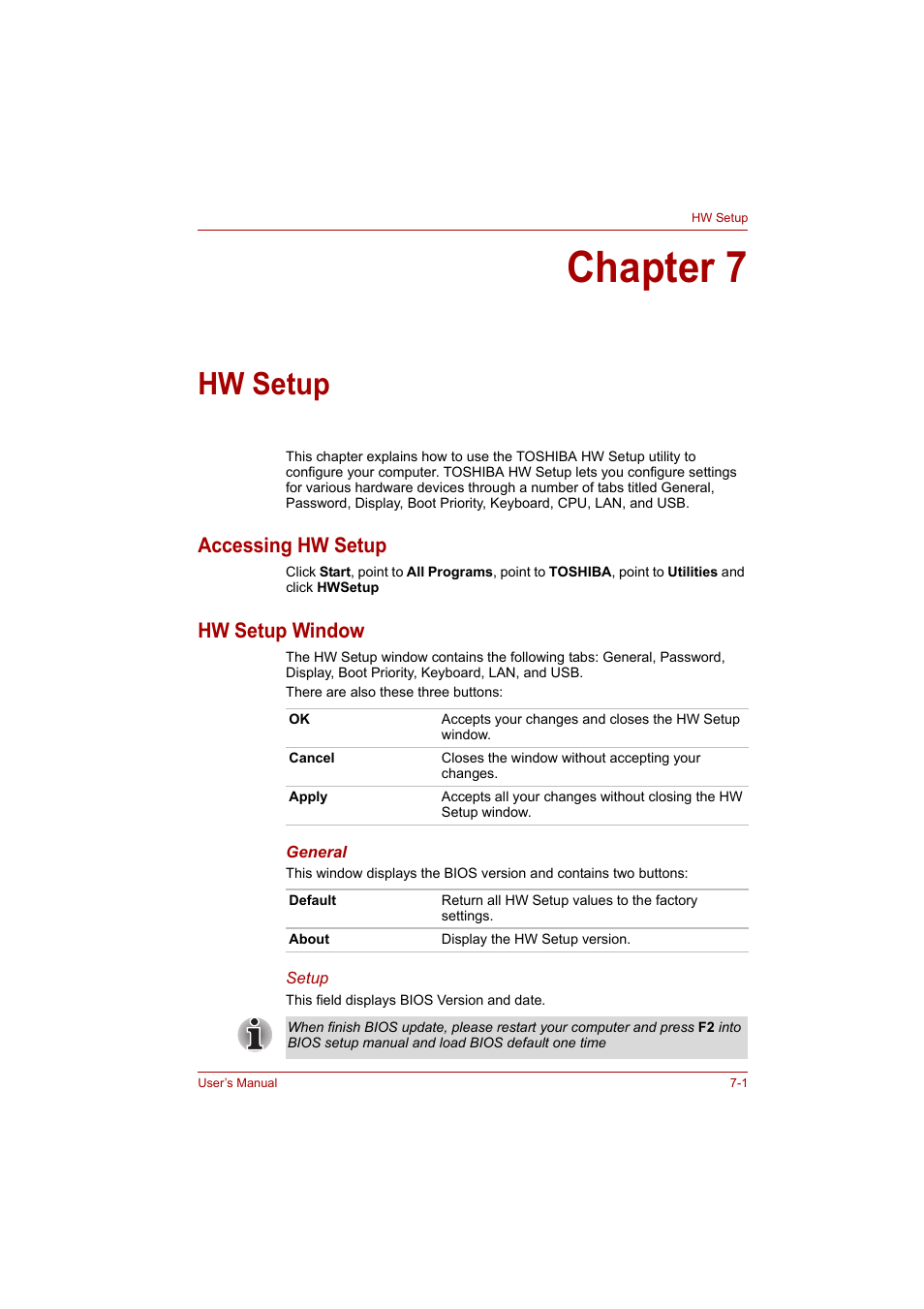 Chapter 7: hw setup, Accessing hw setup, Hw setup window | Chapter 7, Hw setup, Accessing hw setup -1 hw setup window -1 | Toshiba A200 User Manual | Page 95 / 154