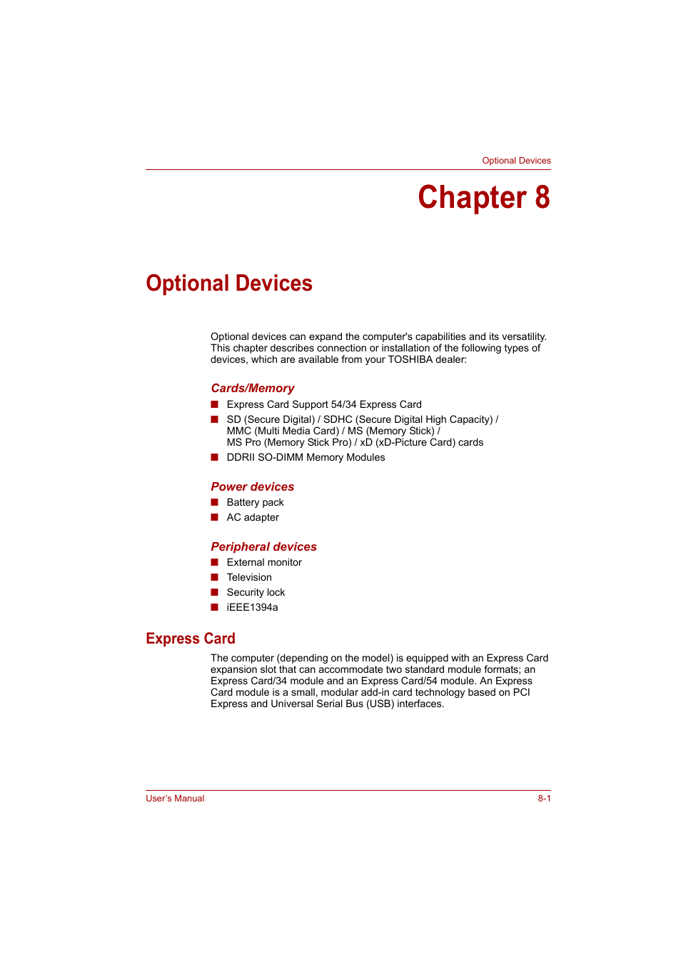 Chapter 8: optional devices, Express card, Chapter 8 | Optional devices, Express card -1, Optional, Devices | Toshiba A200 User Manual | Page 99 / 154