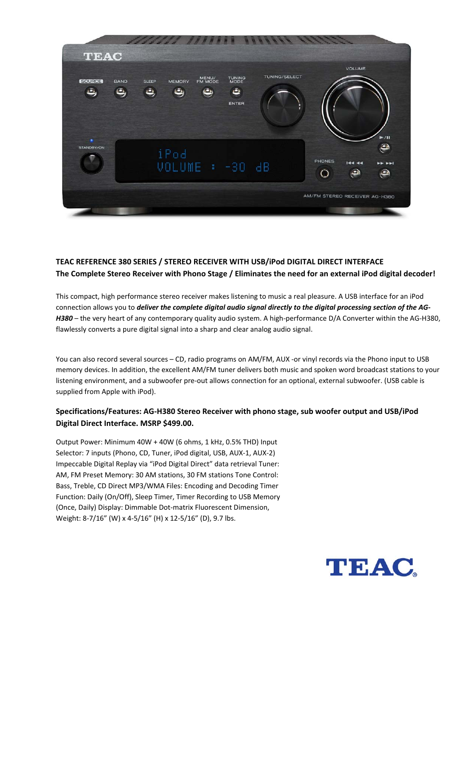 Teac AG-H380 User Manual | 1 page