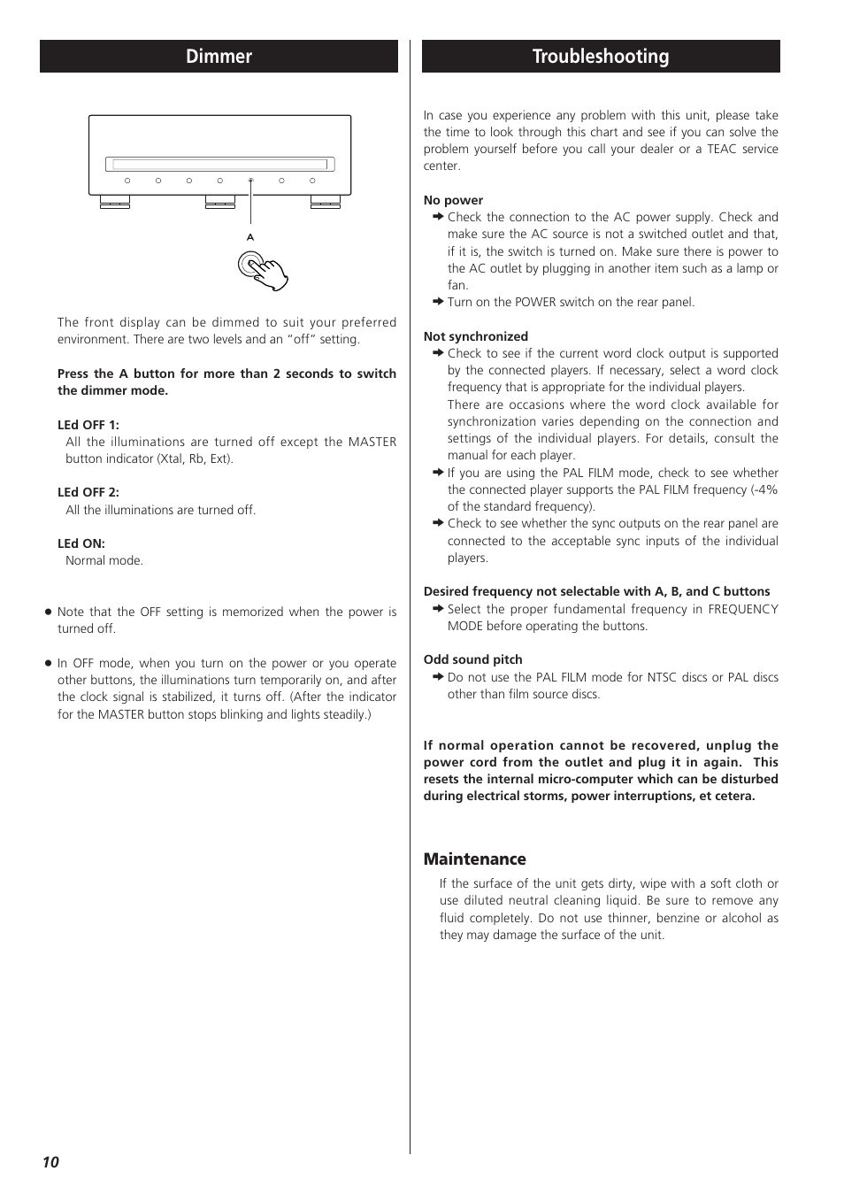 Dimmer, Troubleshooting, Dimmer troubleshooting | Maintenance | Teac G-0s User Manual | Page 10 / 12
