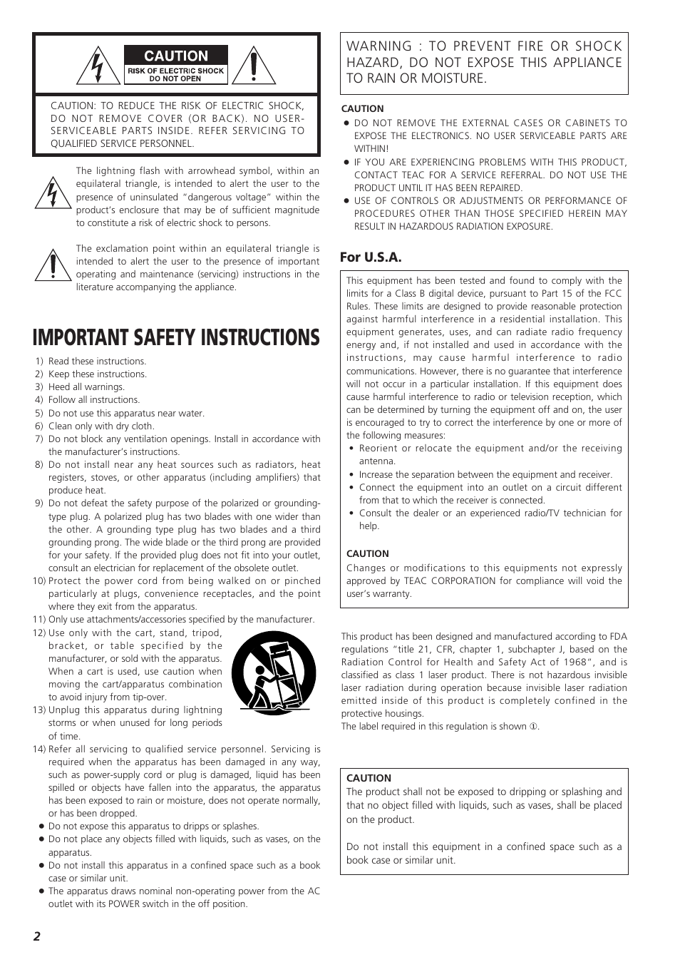 Important safety instructions, For u.s.a | Teac G-0s User Manual | Page 2 / 12
