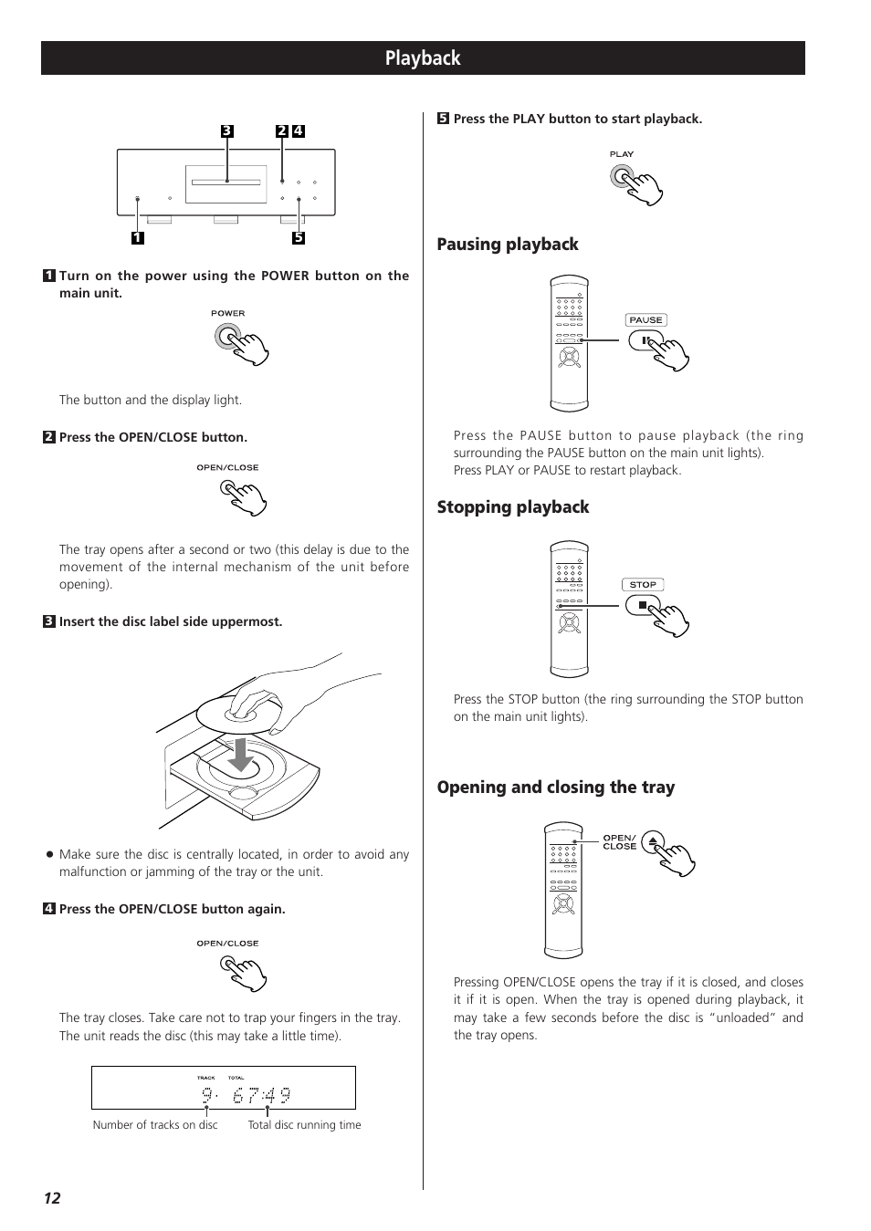 Playback, Opening and closing the tray, Pausing playback | Stopping playback | Teac X-01 User Manual | Page 12 / 64