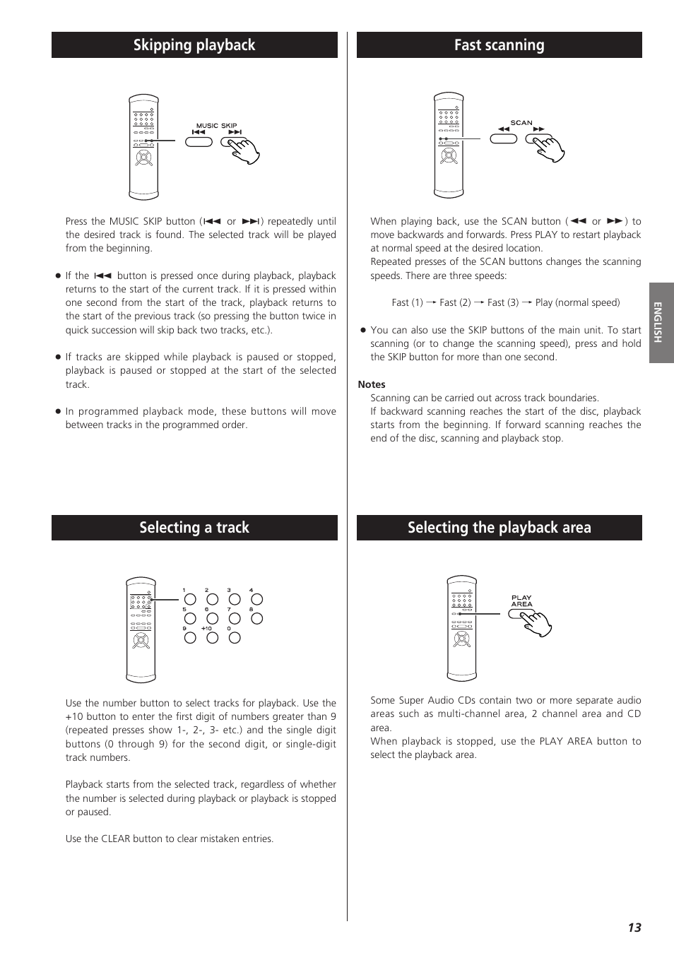 Selecting the playback area skipping playback, Selecting a track, Fast scanning | Teac X-01 User Manual | Page 13 / 64